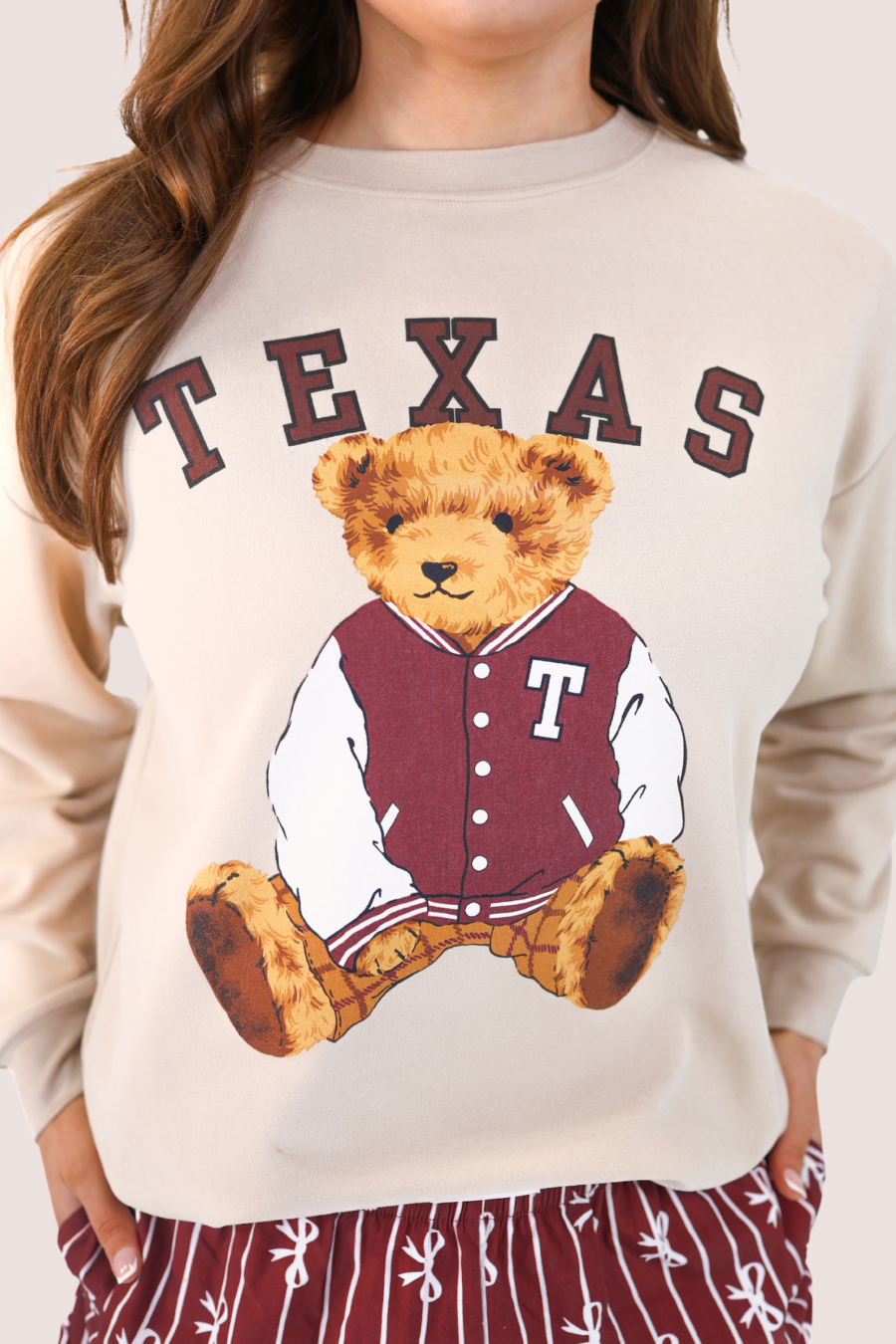 Benny The Bear Texas Pullover- Maroon: Neutral / Medium