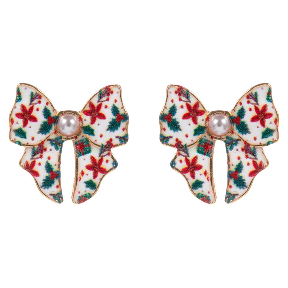 Pearl Accent Holiday Plaid Bow Stud Earrings: Green,Red