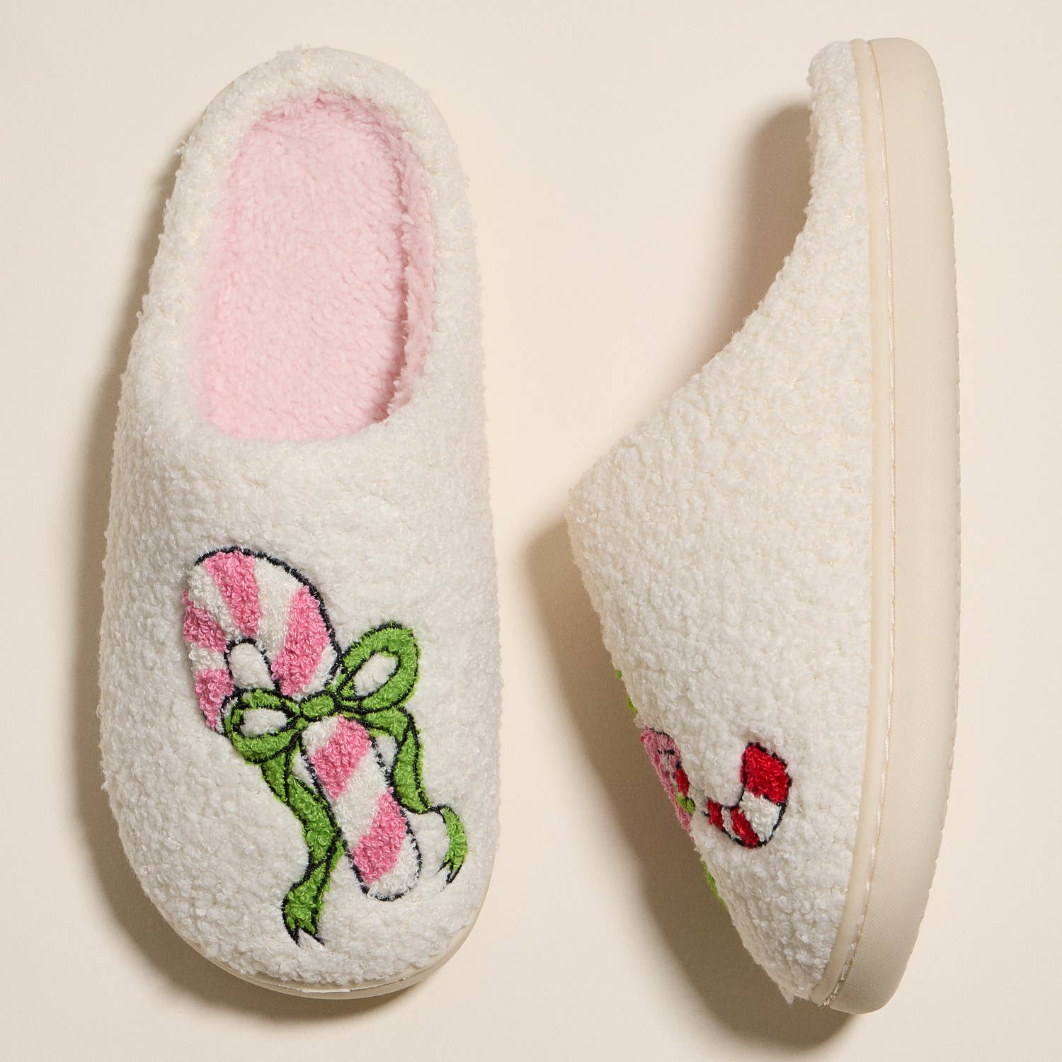 Whimsical Green Monster Slippers with Candy Cane Embroidery for Christmas Gift: IVPK / M(40-41)