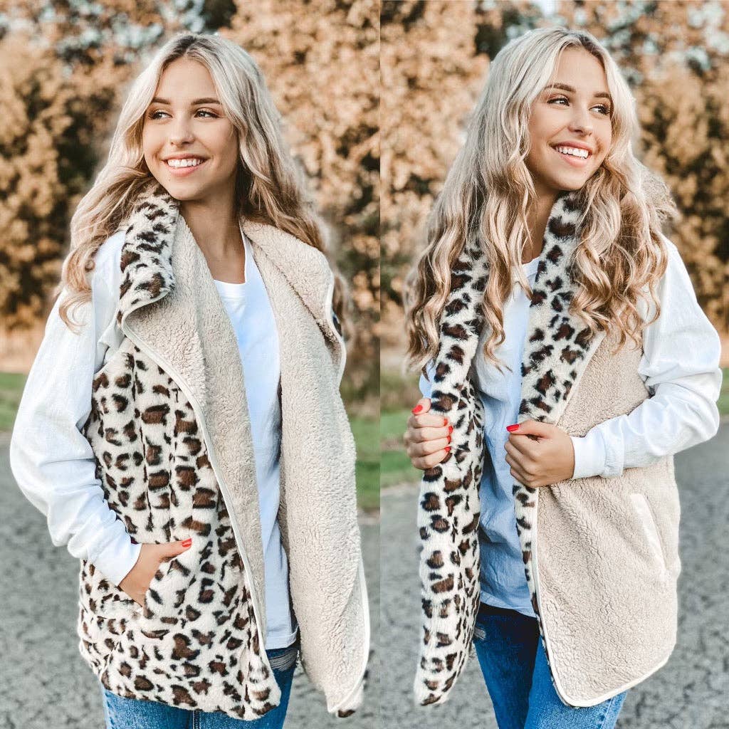 Reversible Leopard Print Sherpa/Faux Fur Vest VT716: S