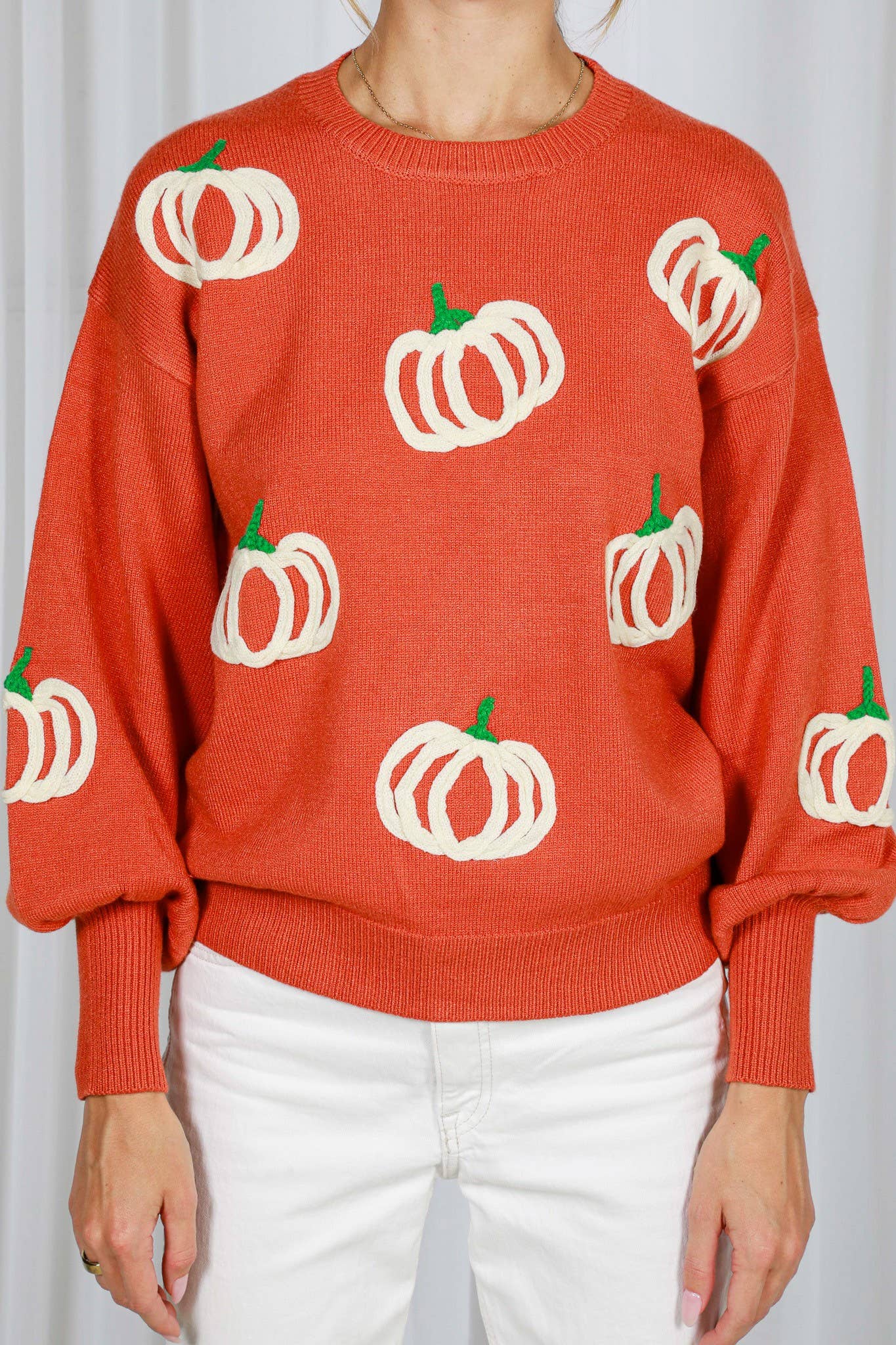 Pumpkin Embroidered Crew Neck Knitted Sweater Top VT82559: Pumpkin / L