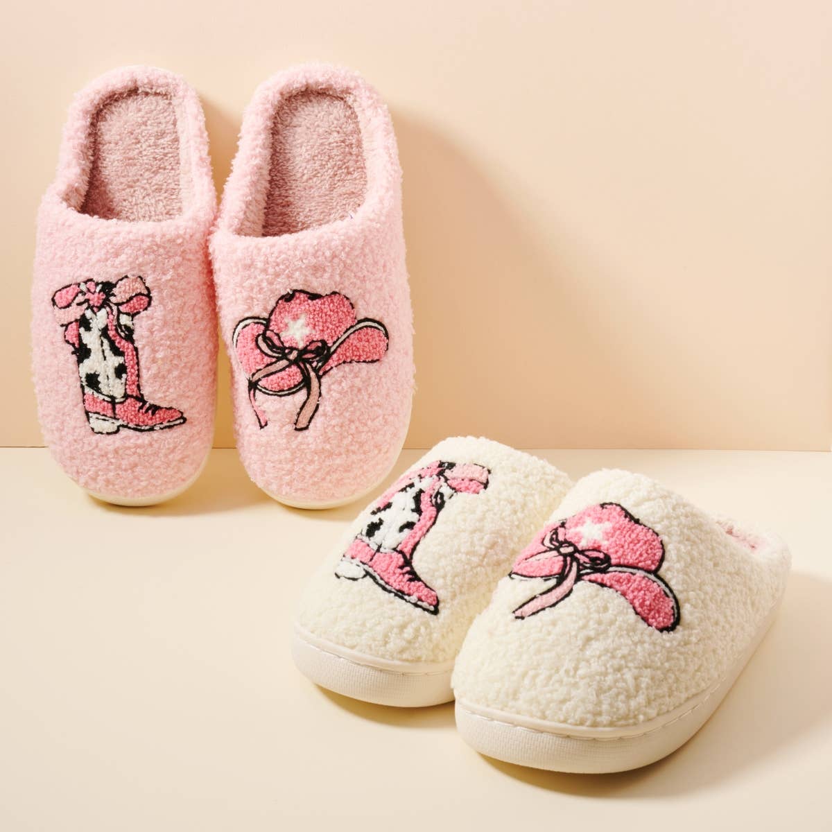 Western-Inspired Boots & Hat Luxe Home Slippers: Pink