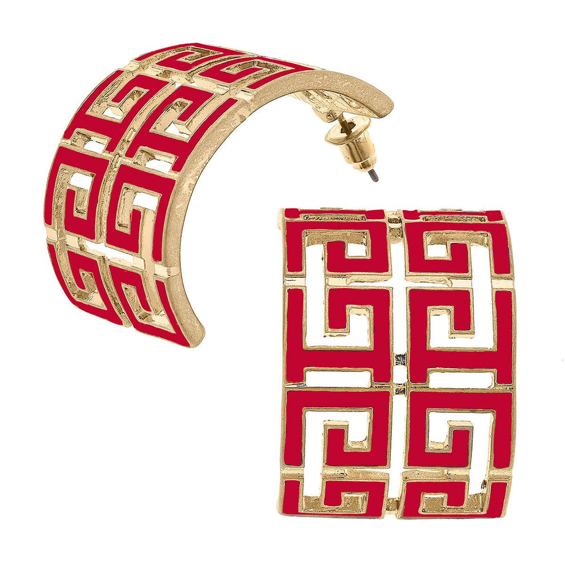 Brennan Game Day Greek Keys Enamel Hoop Earrings: Red by Canvas Style