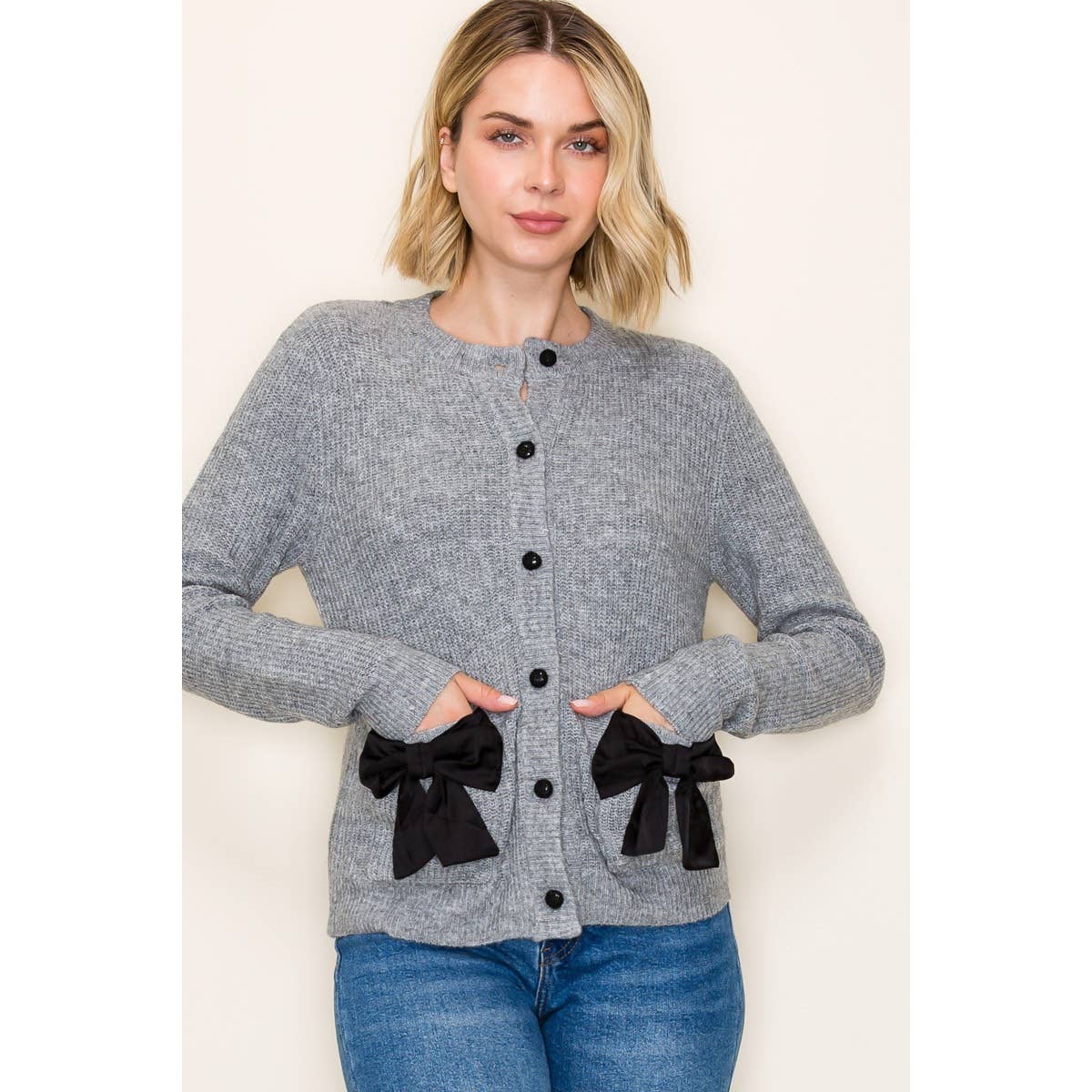 BOW ACCENTED BUTTON DOWN SWEATER CARDIGAN: GREY