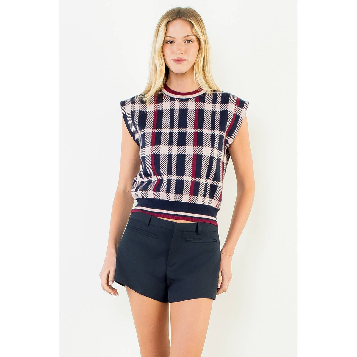 THML Plaid Knit Sweater Vest: NAVY / XS-S-M-L(1-2-2-1)
