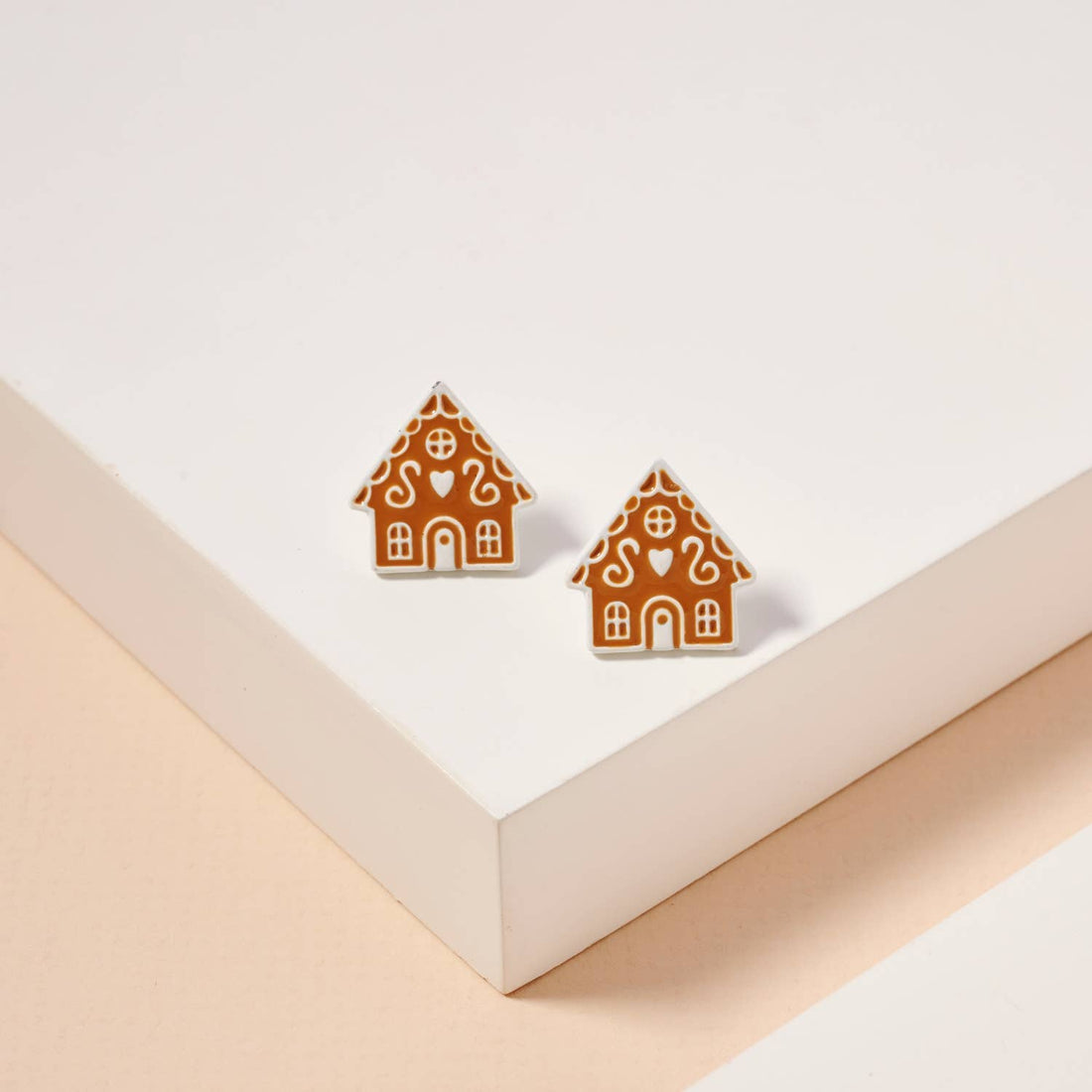 Gingerbread House Christmas Enamel Stud Earrings: Beige / One