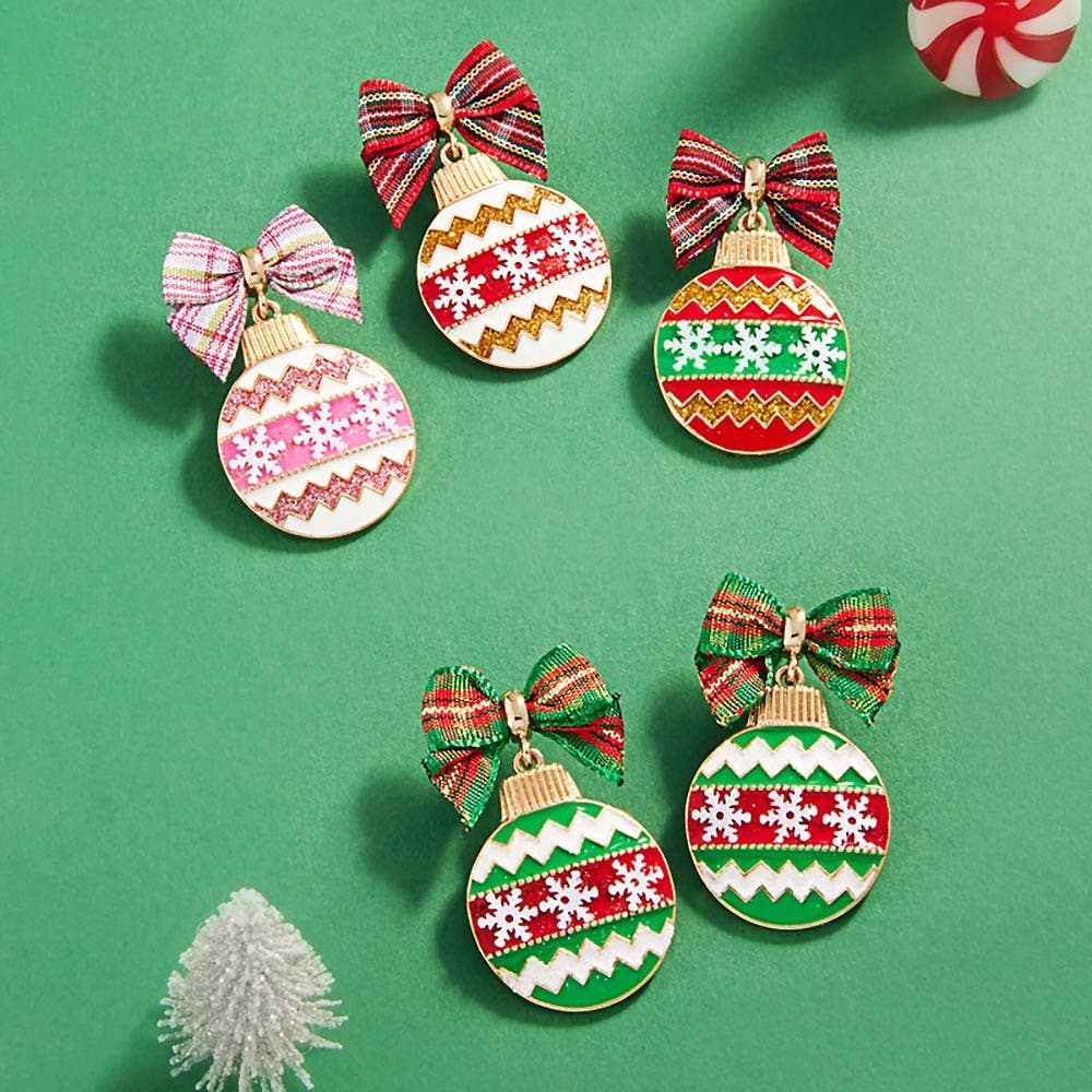 Bow Pointed Enamel Christmas Ornament Dangle Earrings: Pink,White
