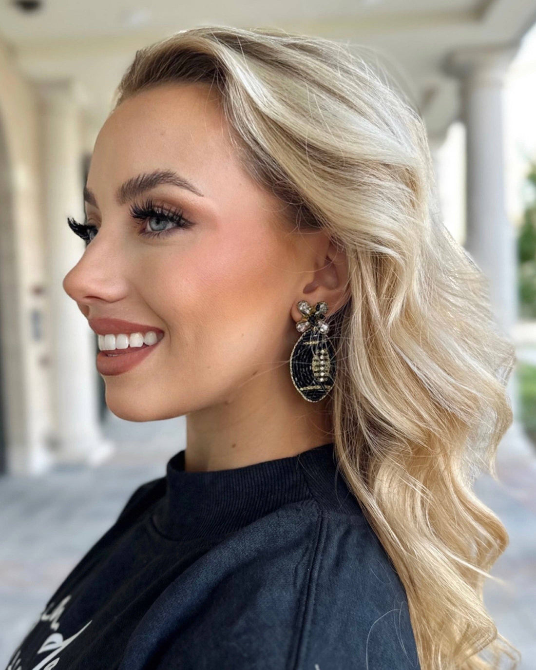 Black/Gold Beaded Football Earrings