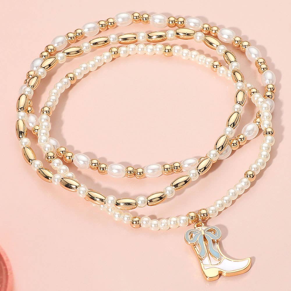 3PCS - Enamel Bow Cowboy Boot Pearl Beaded Multi Layered Bracelet: Gold,Hot Pink