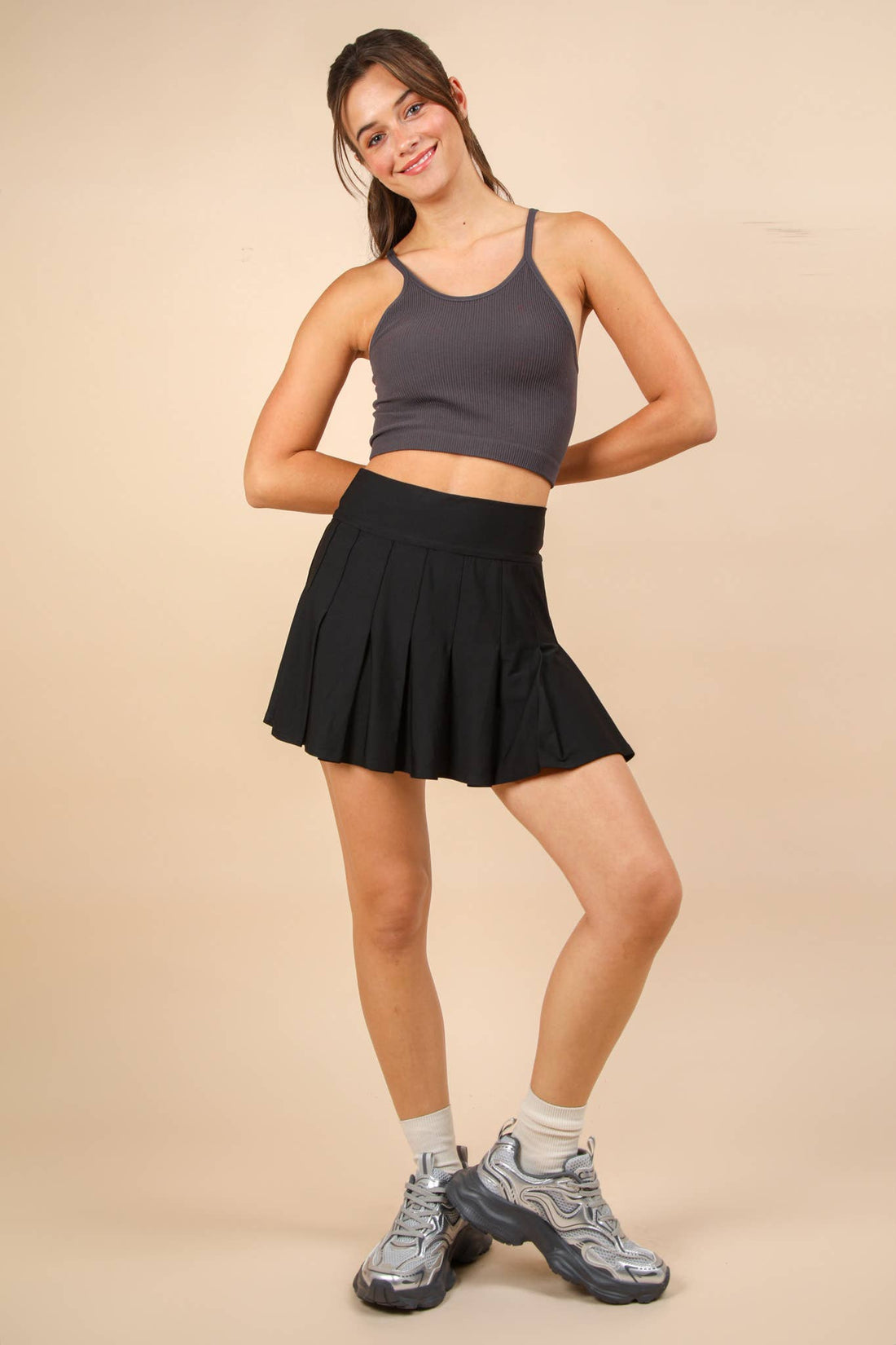 NS50083-Activewear Pleated Skirt with Short Liner: BLACK / S-M-L/2-2-2