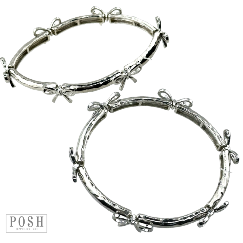Stretch bangle bracelet with bow charms: Silver