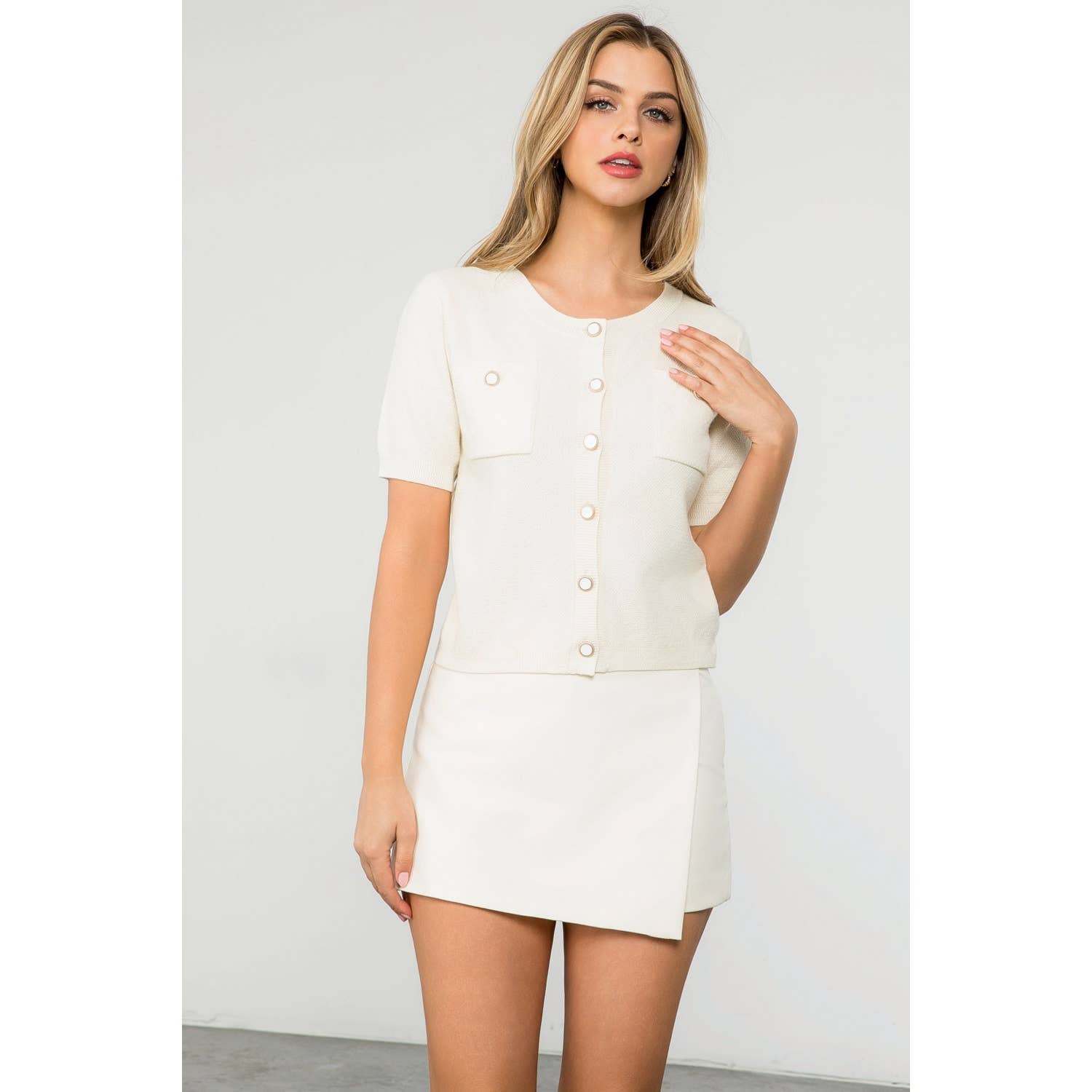 Short Sleeve Button Up Knitted Top: PINK / XS-S-M-L(1-2-2-1)
