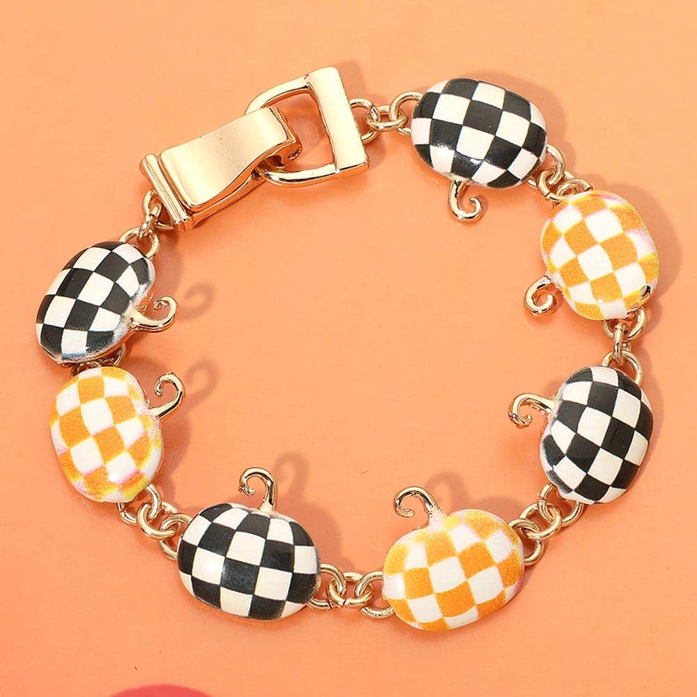 Halloween Checkered Pumpkin Charm Link Magnetic Bracelet