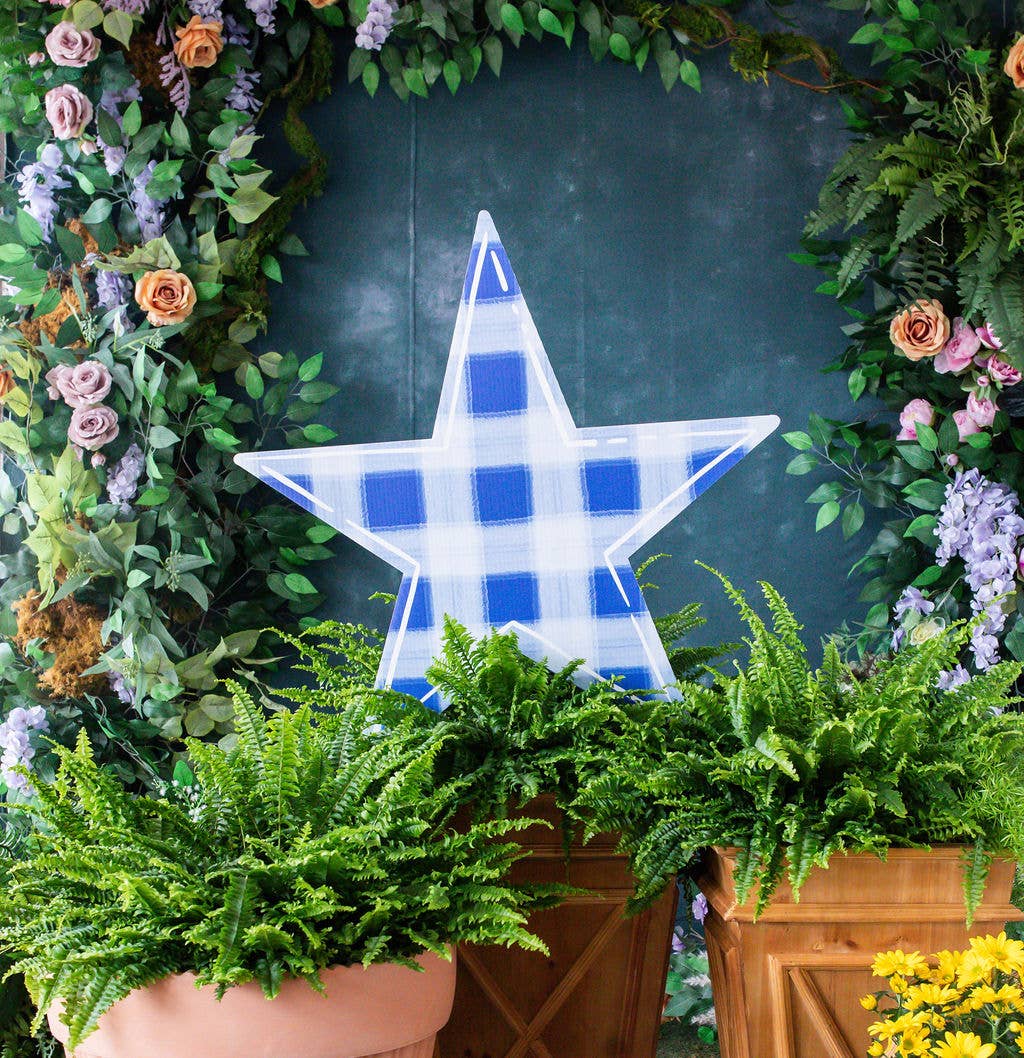 Gingham Star Garden Stake Set: Large Royal Blue