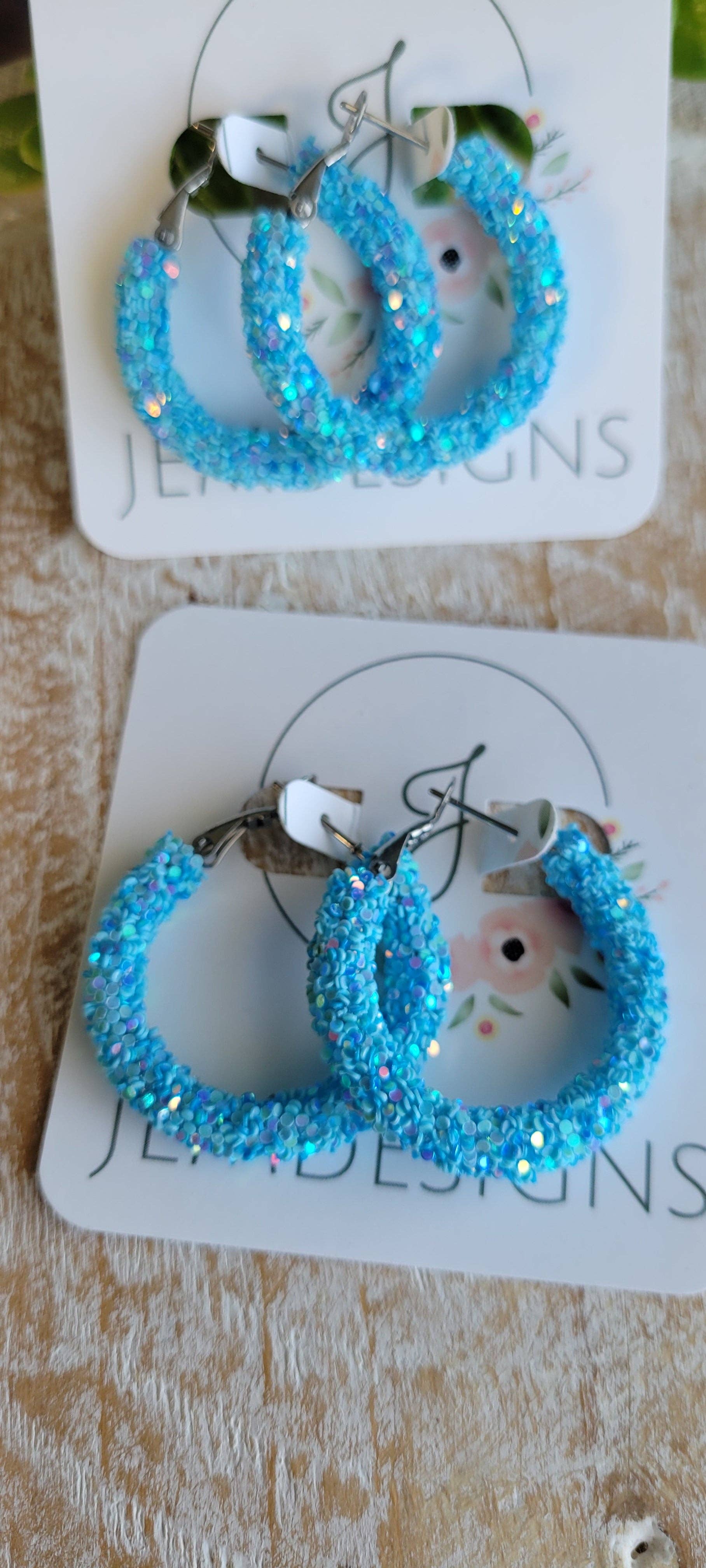 Blue Glitter Hoop Earrings in small