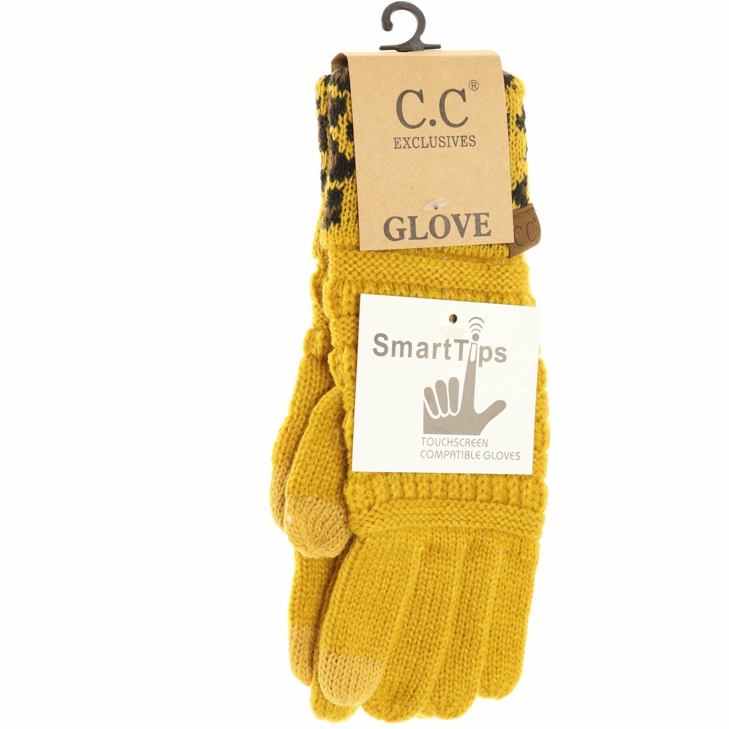 Solid Cable Knit Leopard Cuff CC Gloves G80: Black