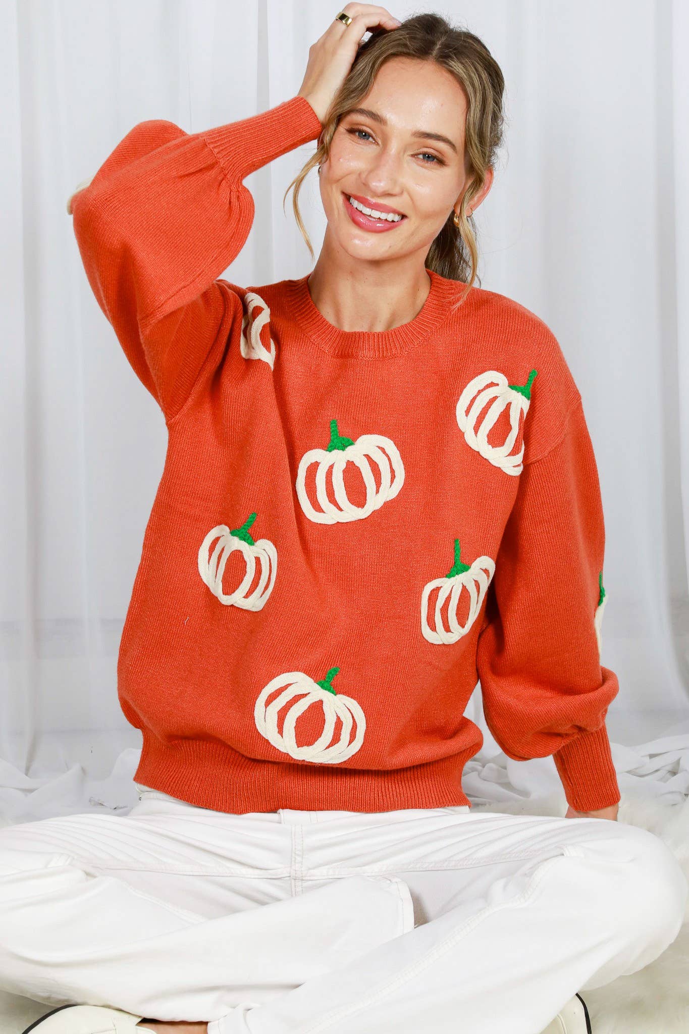Pumpkin Embroidered Crew Neck Knitted Sweater Top VT82559: Pumpkin / L