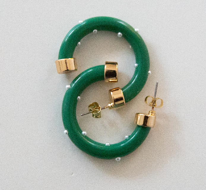 Lightweight Hypoallergenic Small Hoop Earrings - Kelly Green with Pearls