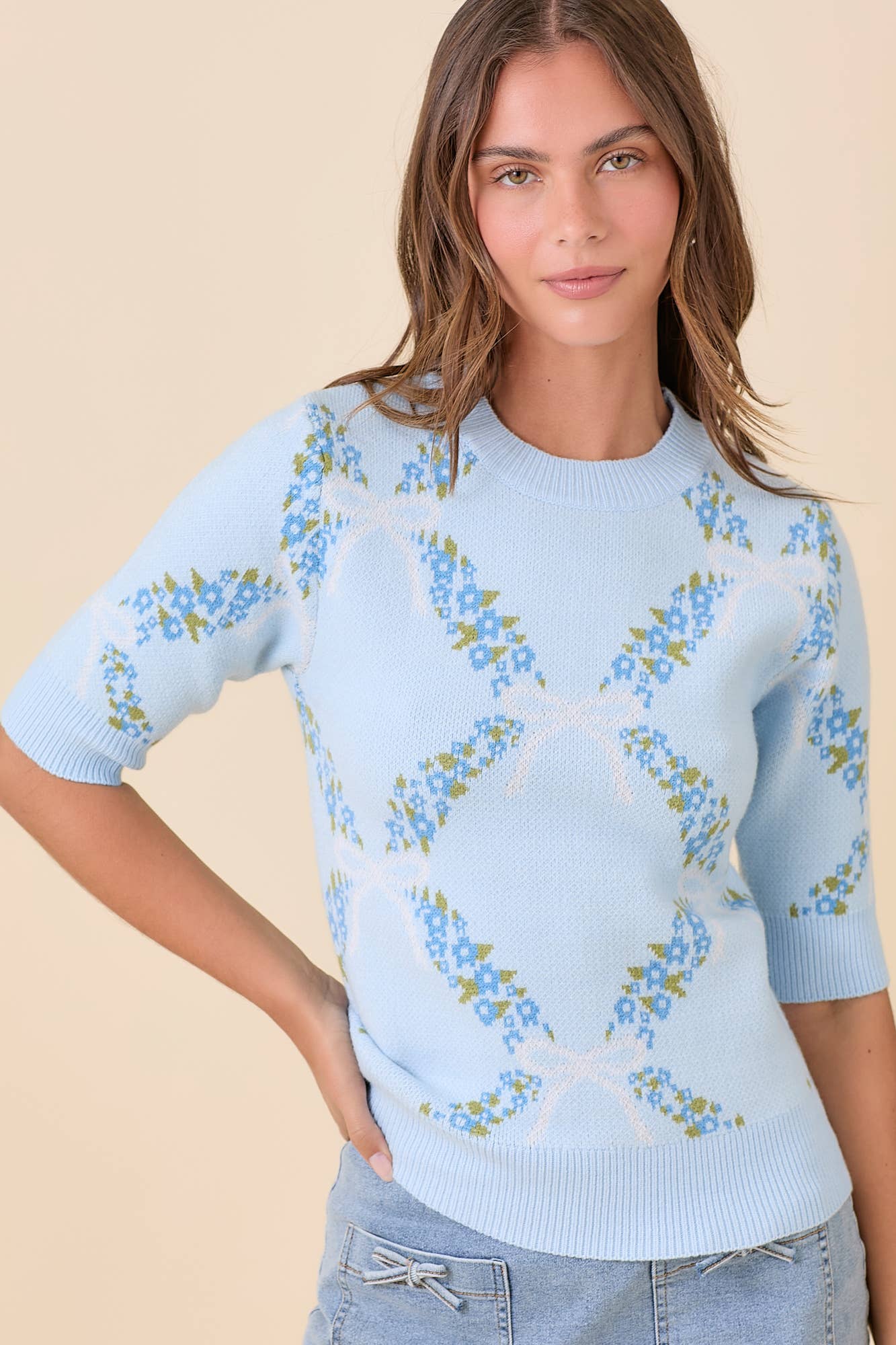 Floral Ribbon Print Sweater Knit Top: BLUE / S