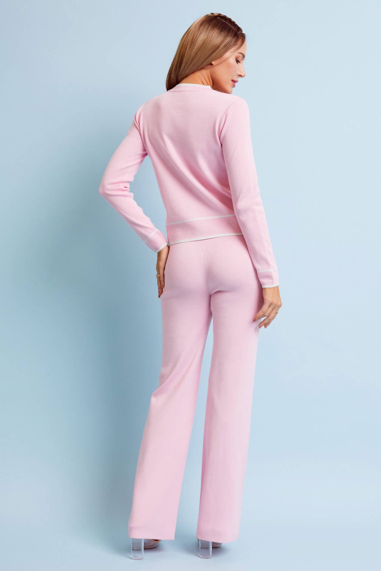 Knit Button Down Cardigan & Pants Set: LIGHT PINK / S
