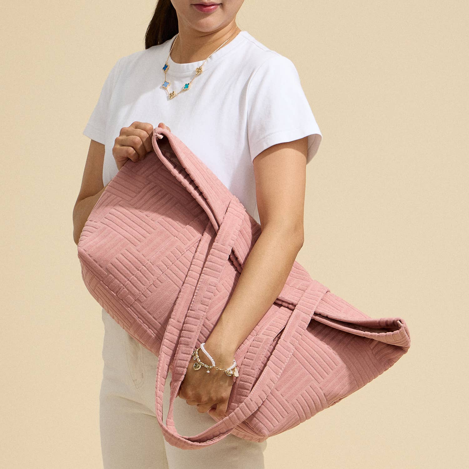 Quilted Tote Bag with Woven Texture: Light Blue / One / 5AG78035
