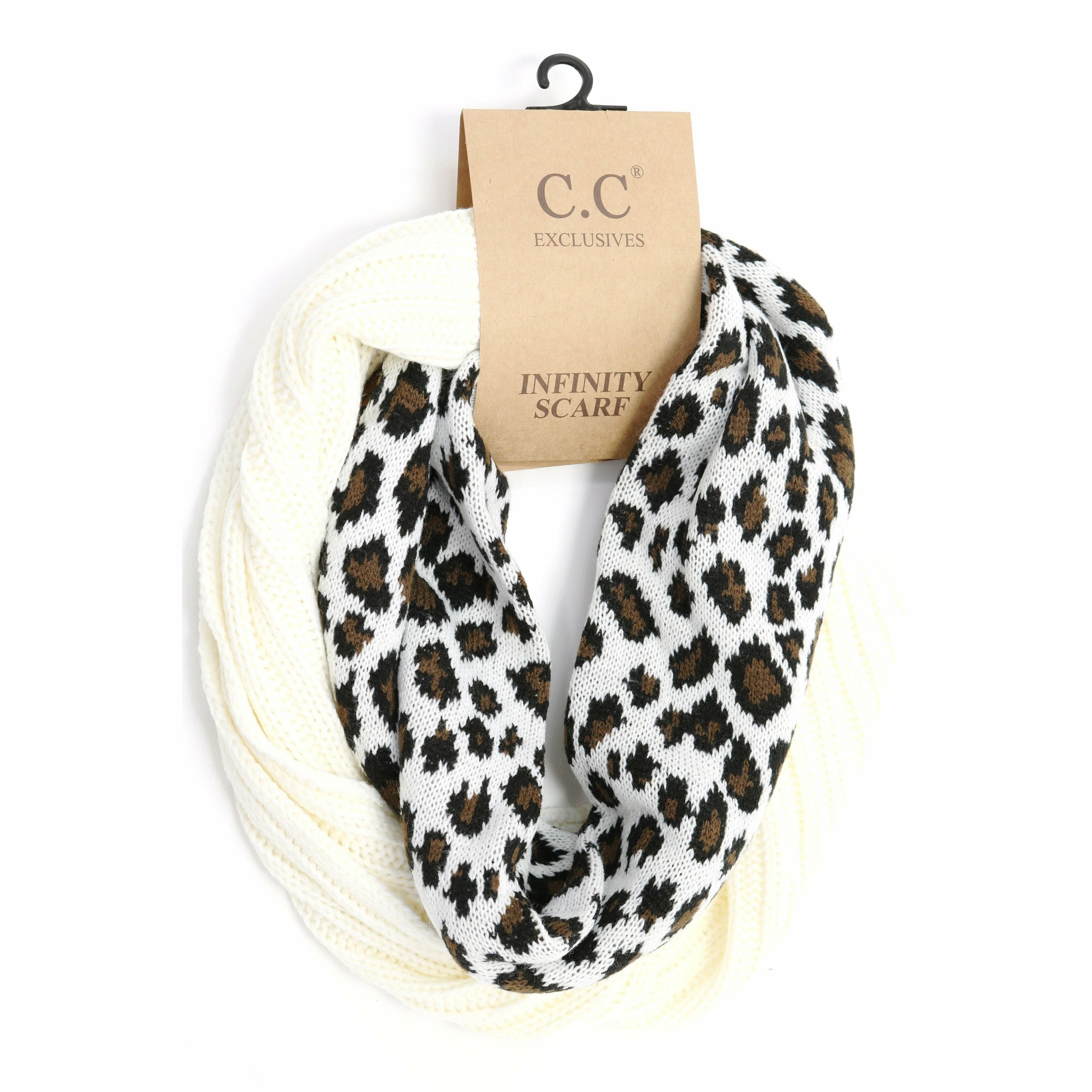 Ribbed Knit Leopard Accent CC Infinity Scarf SF80: Black