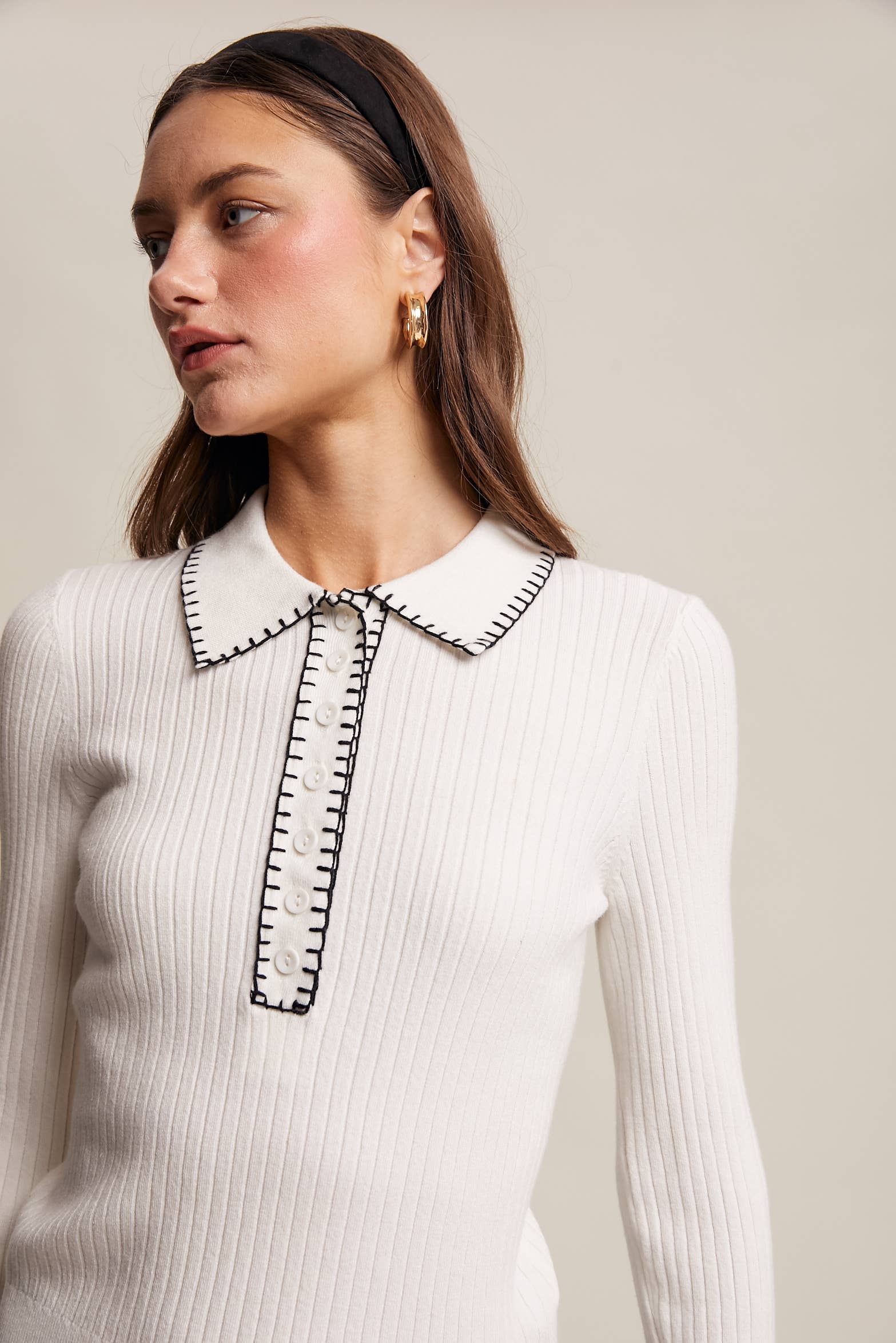 Contrast Stitch Ribbed Knit Top LSW0998: Black / M