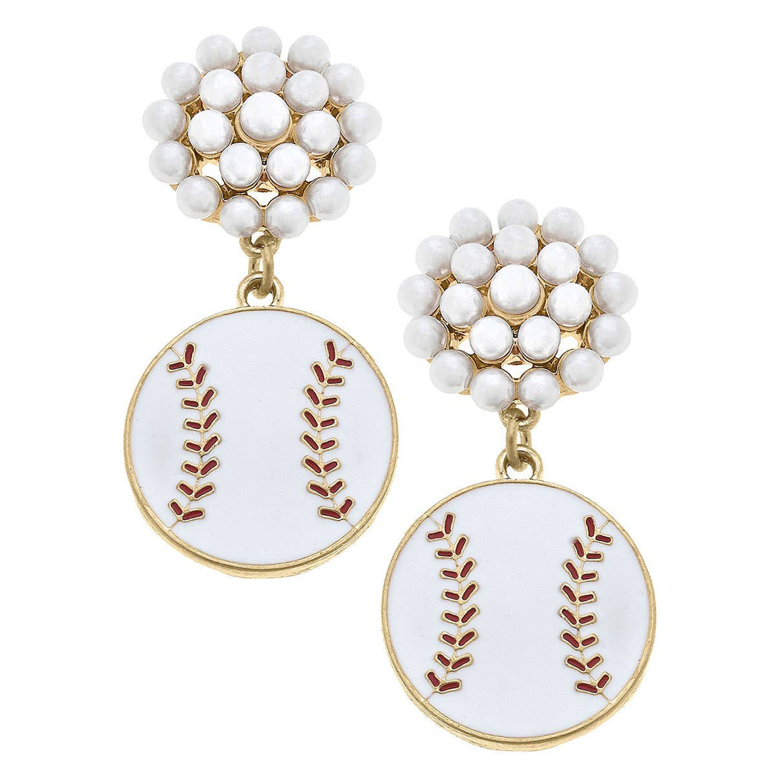 Baseball Pearl Cluster Enamel Drop Earrings in White & Red by Canvas Style