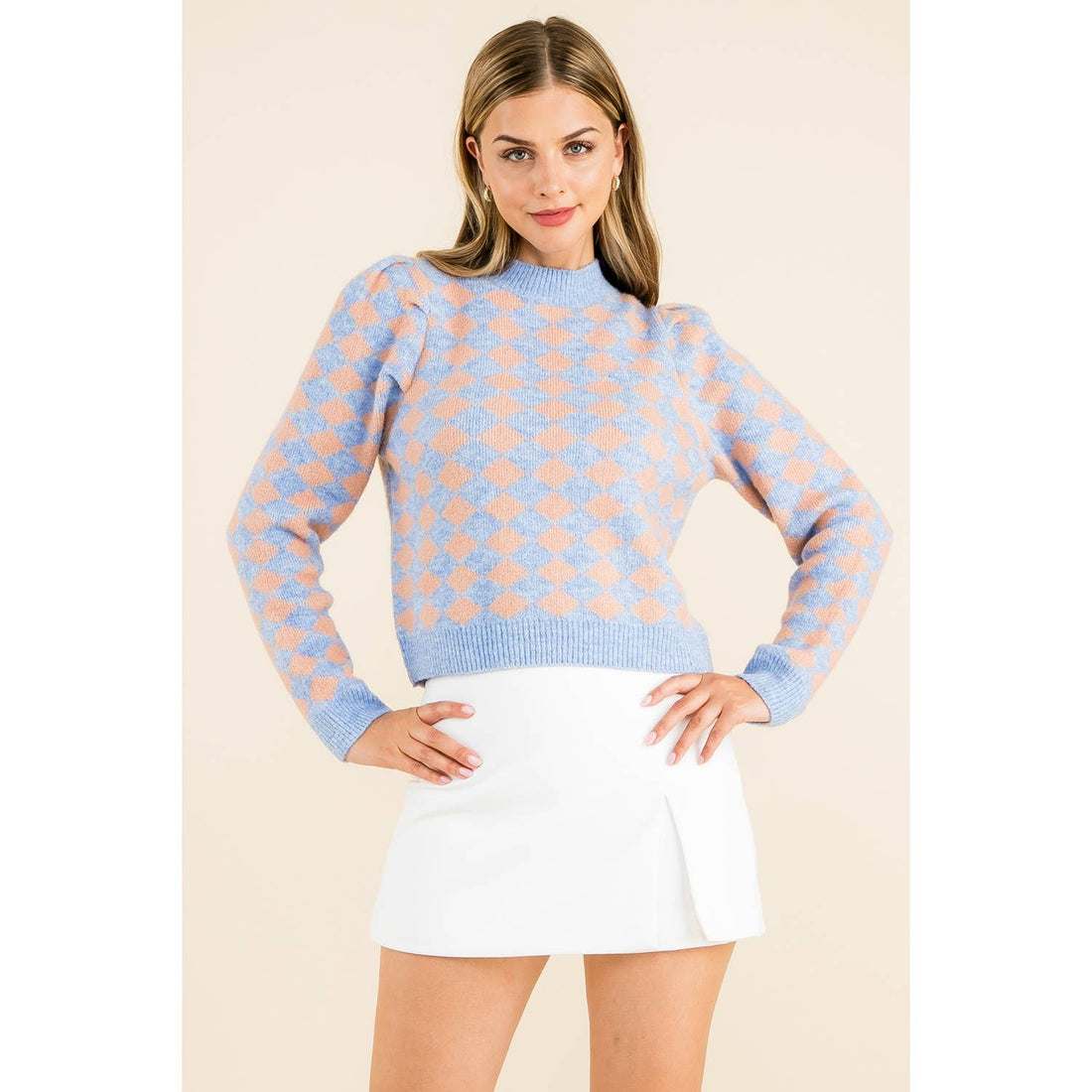 Diamond Pattern Knit Sweater: DENIM BLUE / XS