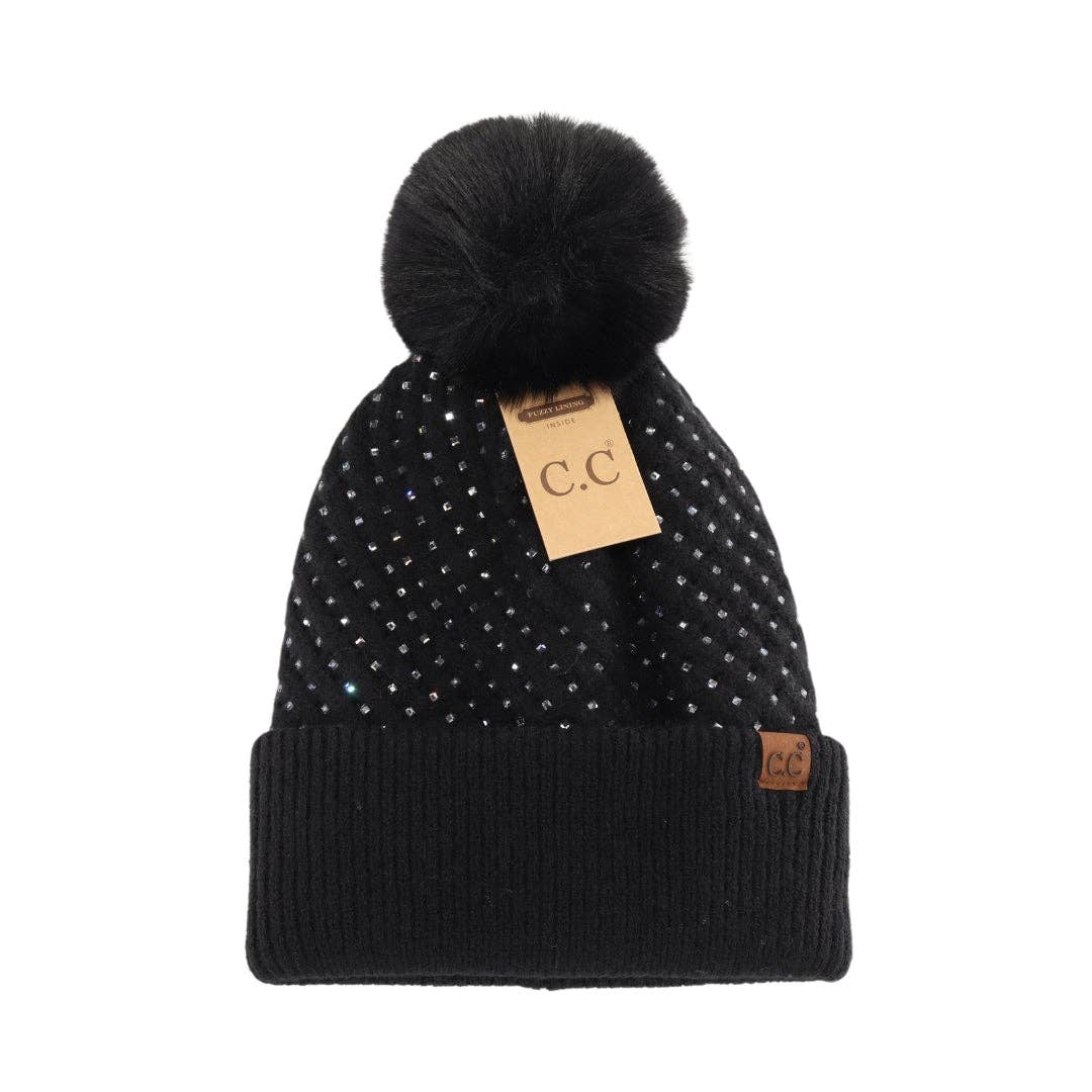 Allover Rhinestone C.C Faux Fur Pom Beanie HTE0101: Grey