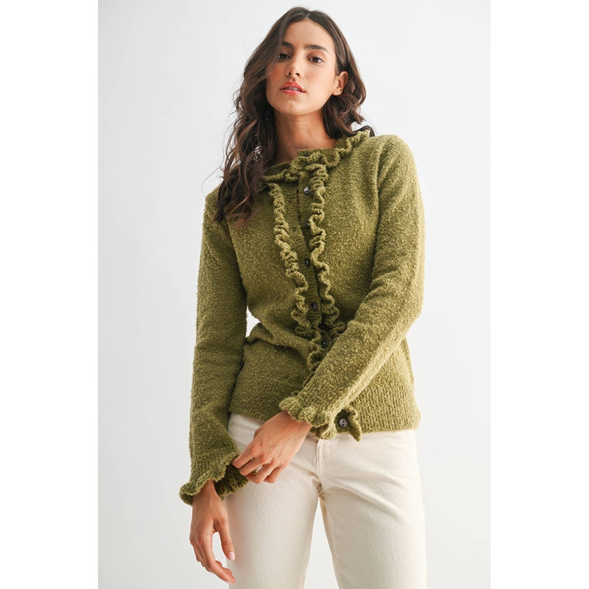 CEW26312 COZY RUFFLED-TRIMMED CARDIGAN: Burgundy / S-M-L(3-2-1)
