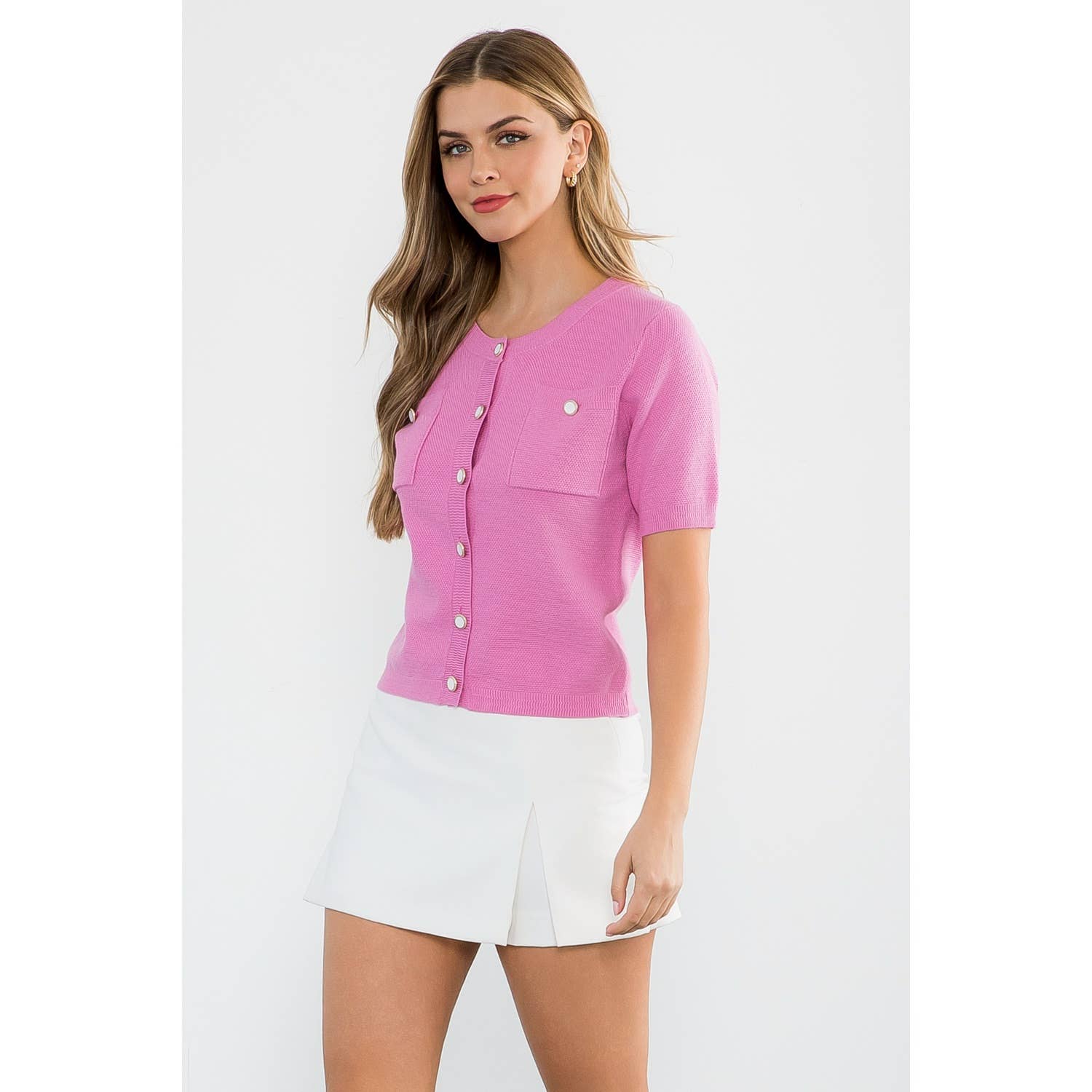 Short Sleeve Button Up Knitted Top: PINK / XS-S-M-L(1-2-2-1)