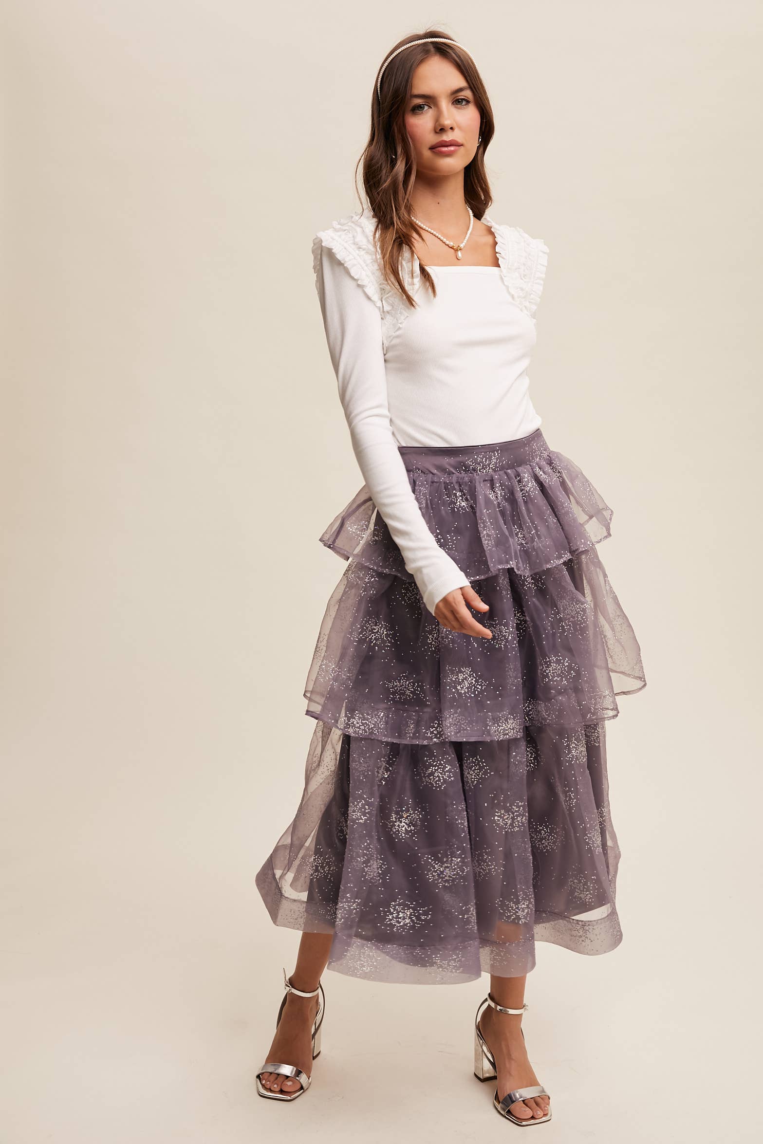Square Neck Ruffle Accent Top: Black / L