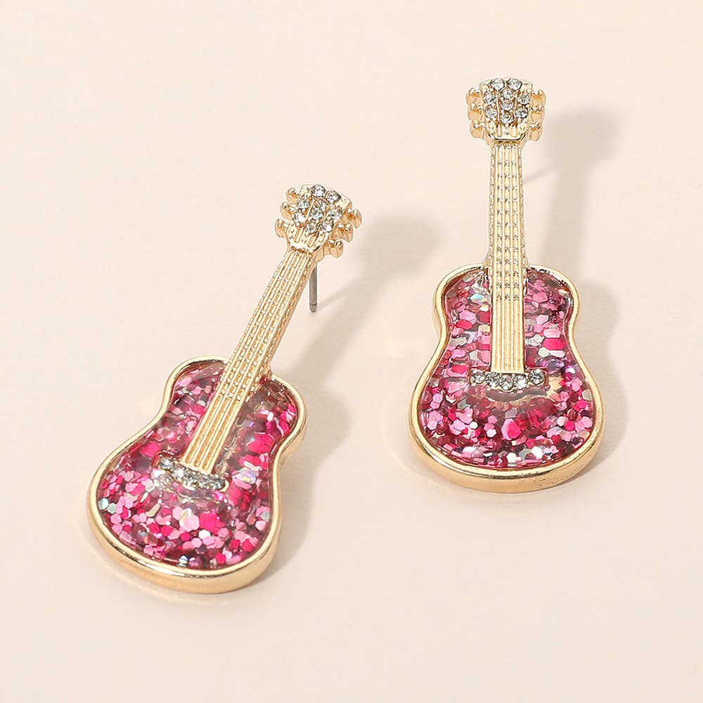 Glittered Guitar Earrings: Fuchsia,Gold