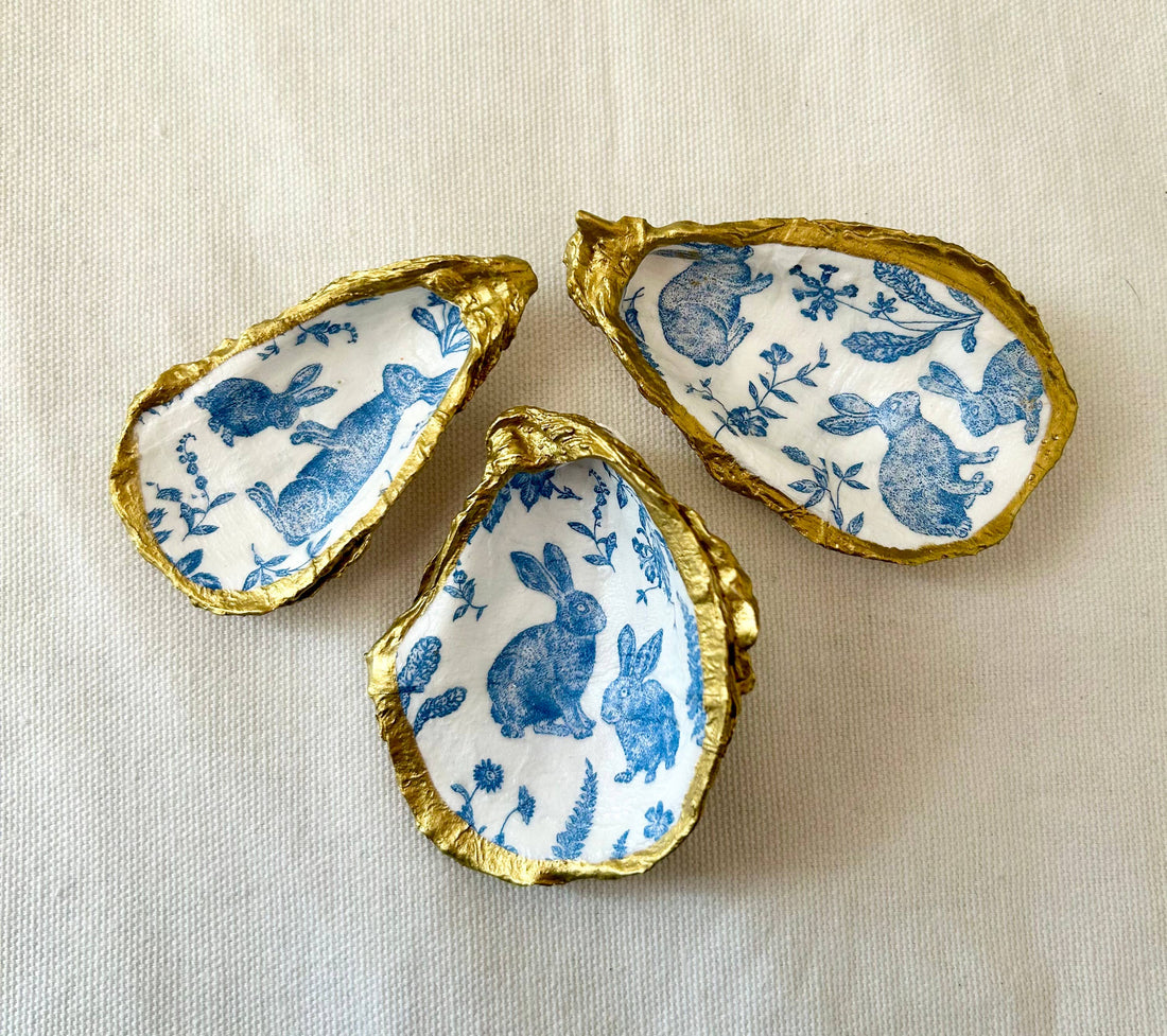 Blue Bunny Oyster Shell Jewelry Dish: Medium