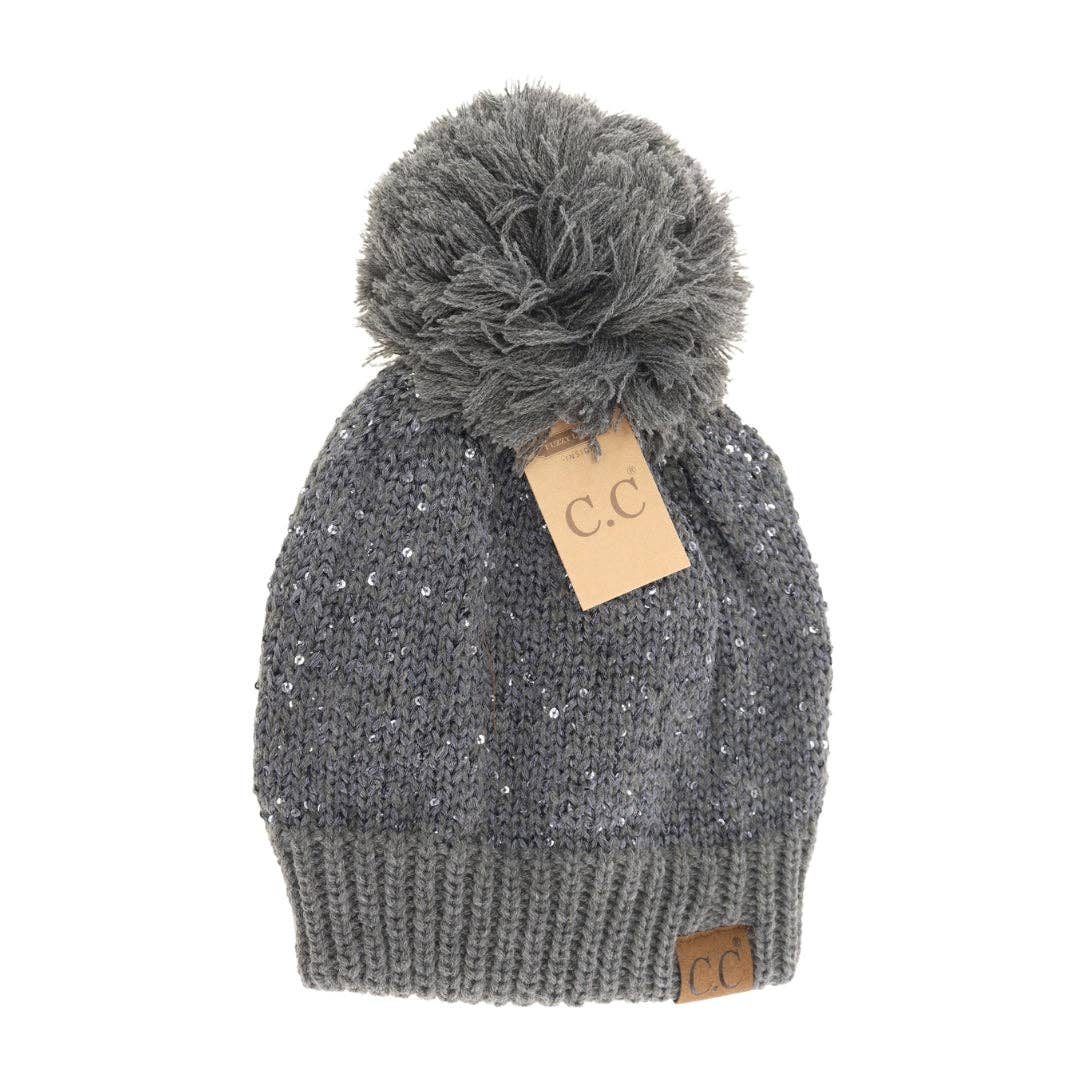 Fuzzy Lined Scatter Sequin Pom C.C Beanie HTE0034: Black/Silver
