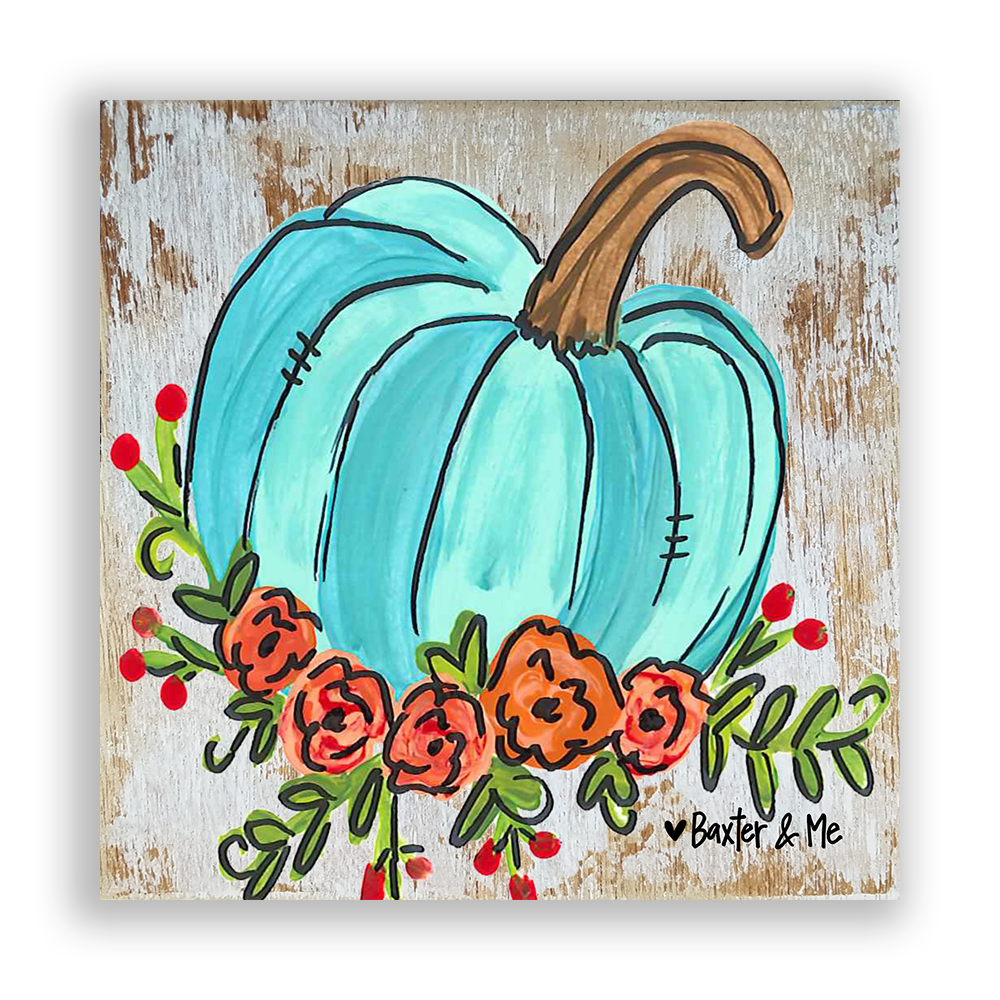 Baxter & Me Blue Floral Pumpkin - Wrapped Canvas: 12" x 12"