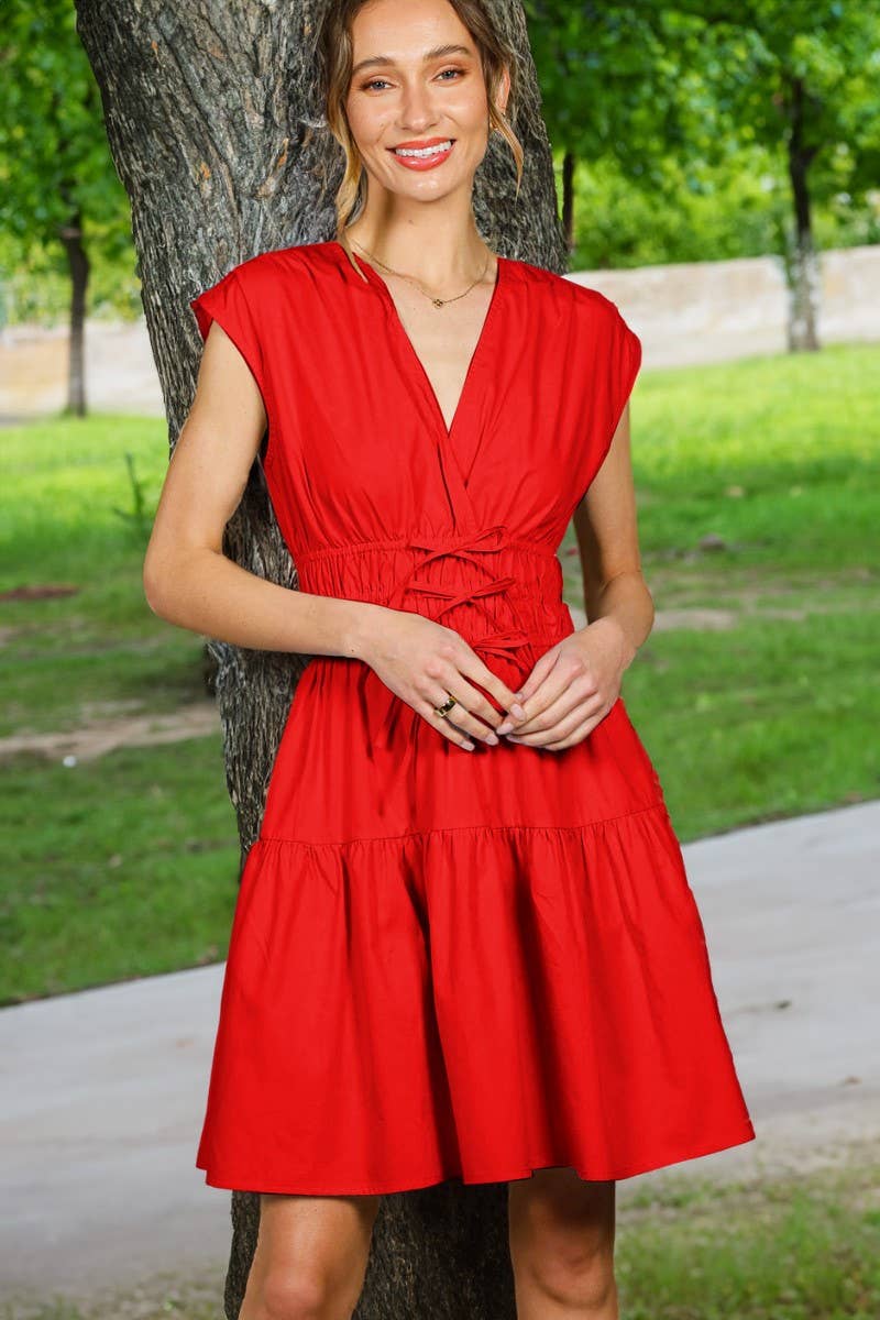 Elasticized Waist Tie Detail100% Cotton Dress VD82520A: Navy / M