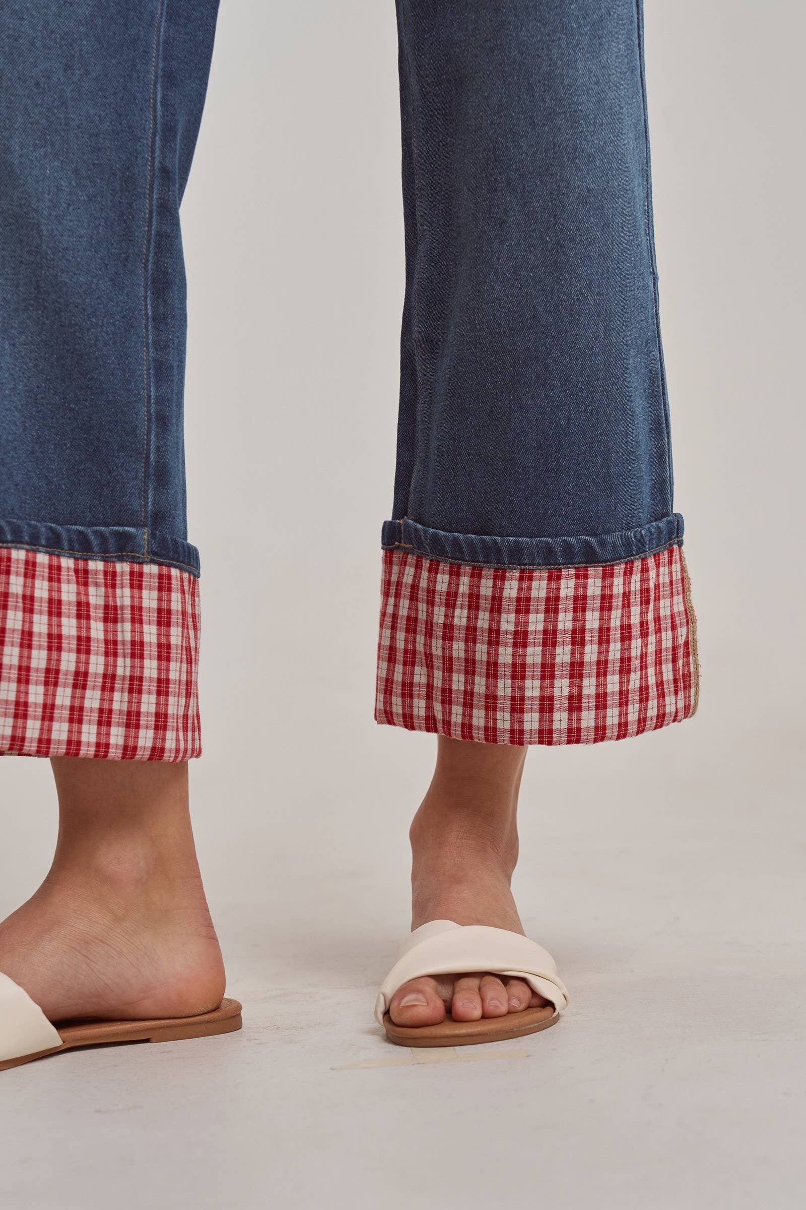STRAIGHT LEG JEANS WITH GINGHAM CHECK CUFF HEM by BON: DENIM/RED CHECK