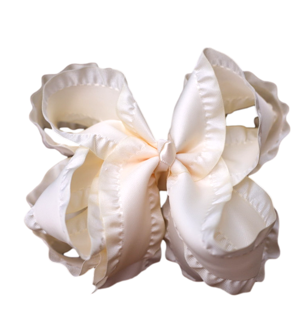 Cream Double Ruffle Hair Bow : Nylon Headband / 6 inch