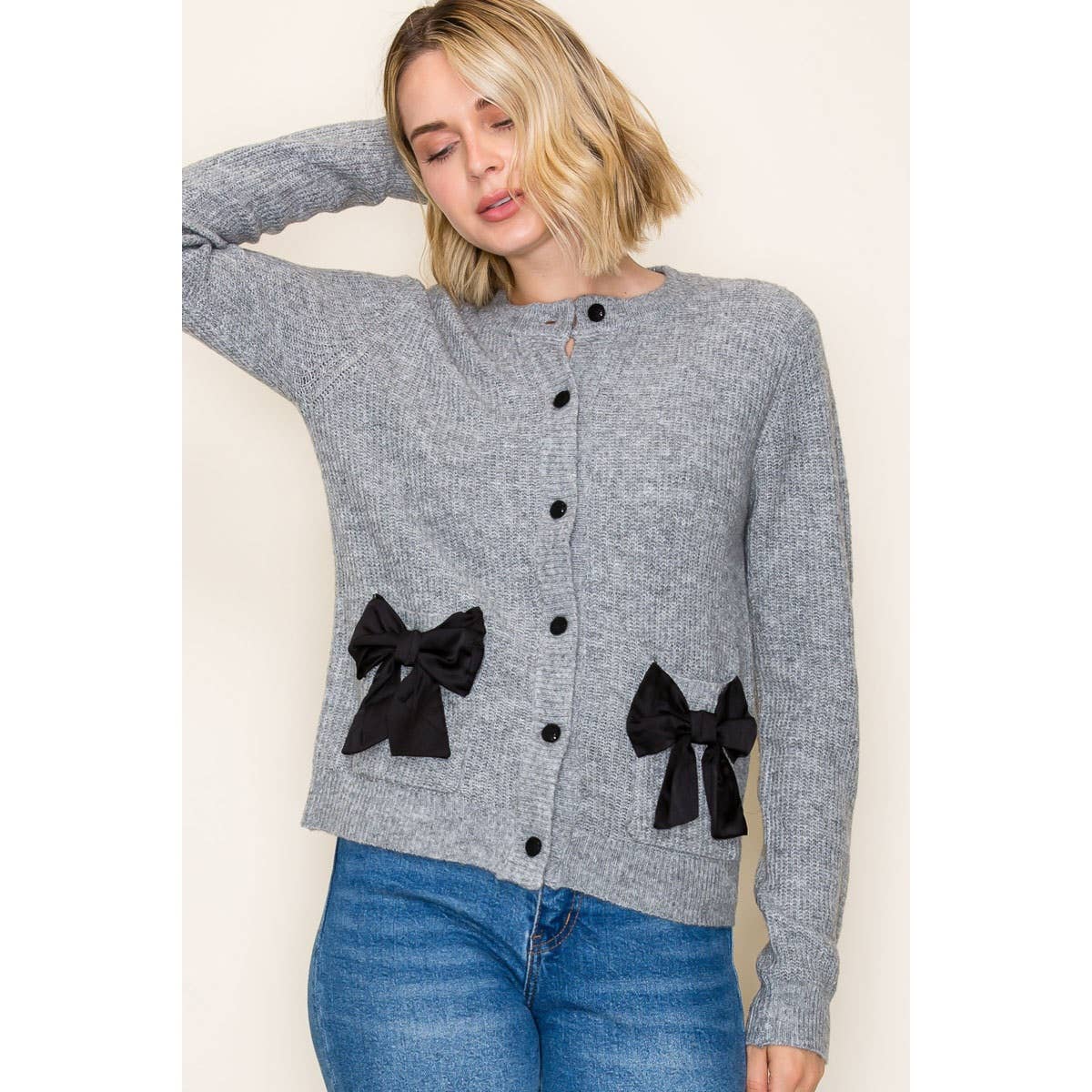 BOW ACCENTED BUTTON DOWN SWEATER CARDIGAN: GREY