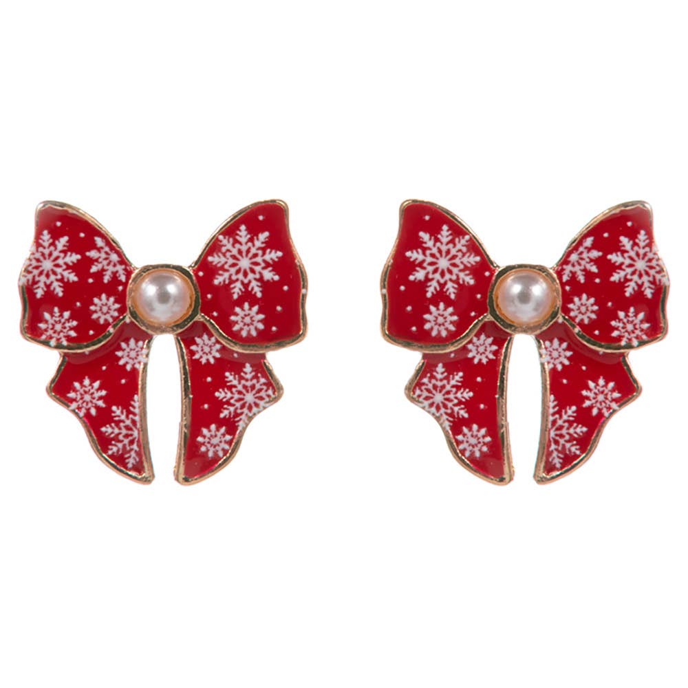 Pearl Accent Holiday Plaid Bow Stud Earrings: Green,Red