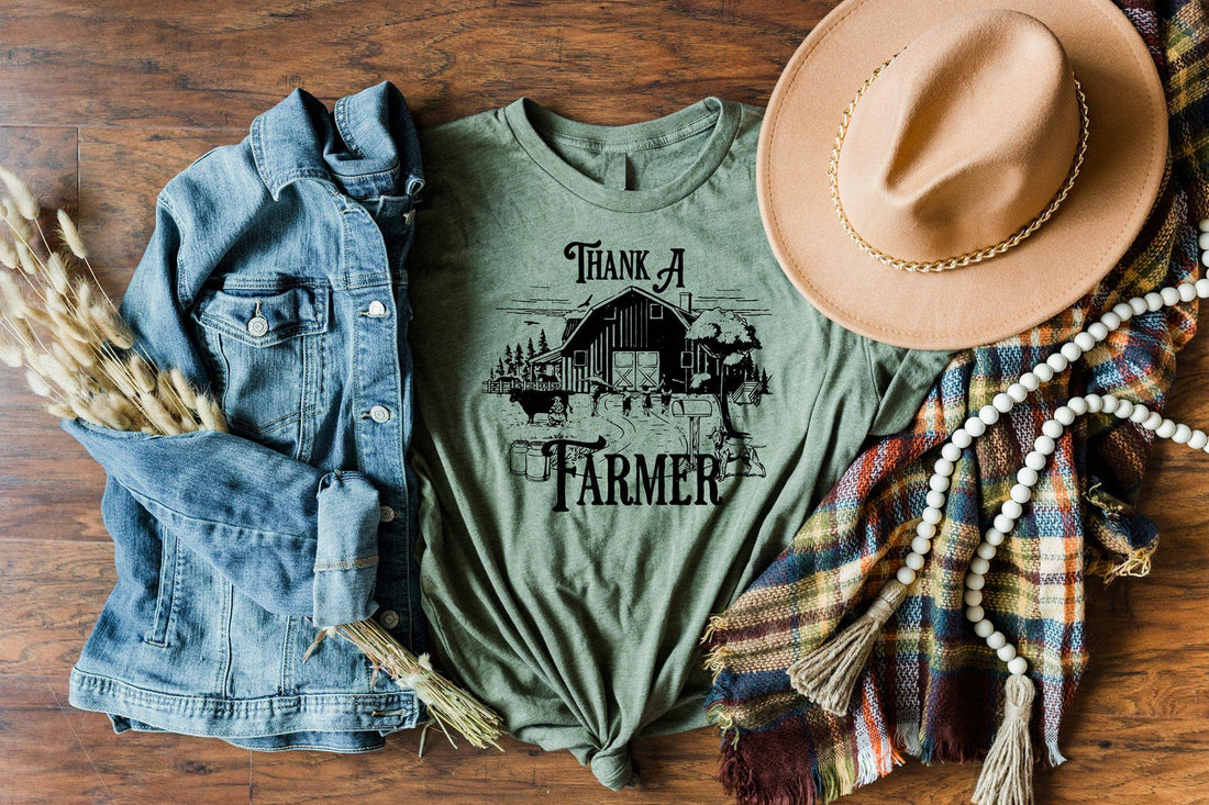 NEW THANK A FARMER OLIVE WESTERN GRAPHIC TEE: M
