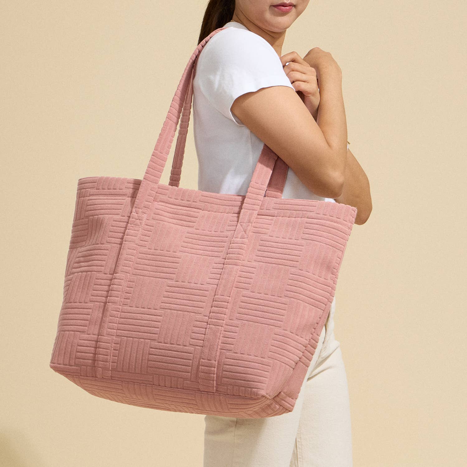 Quilted Tote Bag with Woven Texture: Light Blue / One / 5AG78035