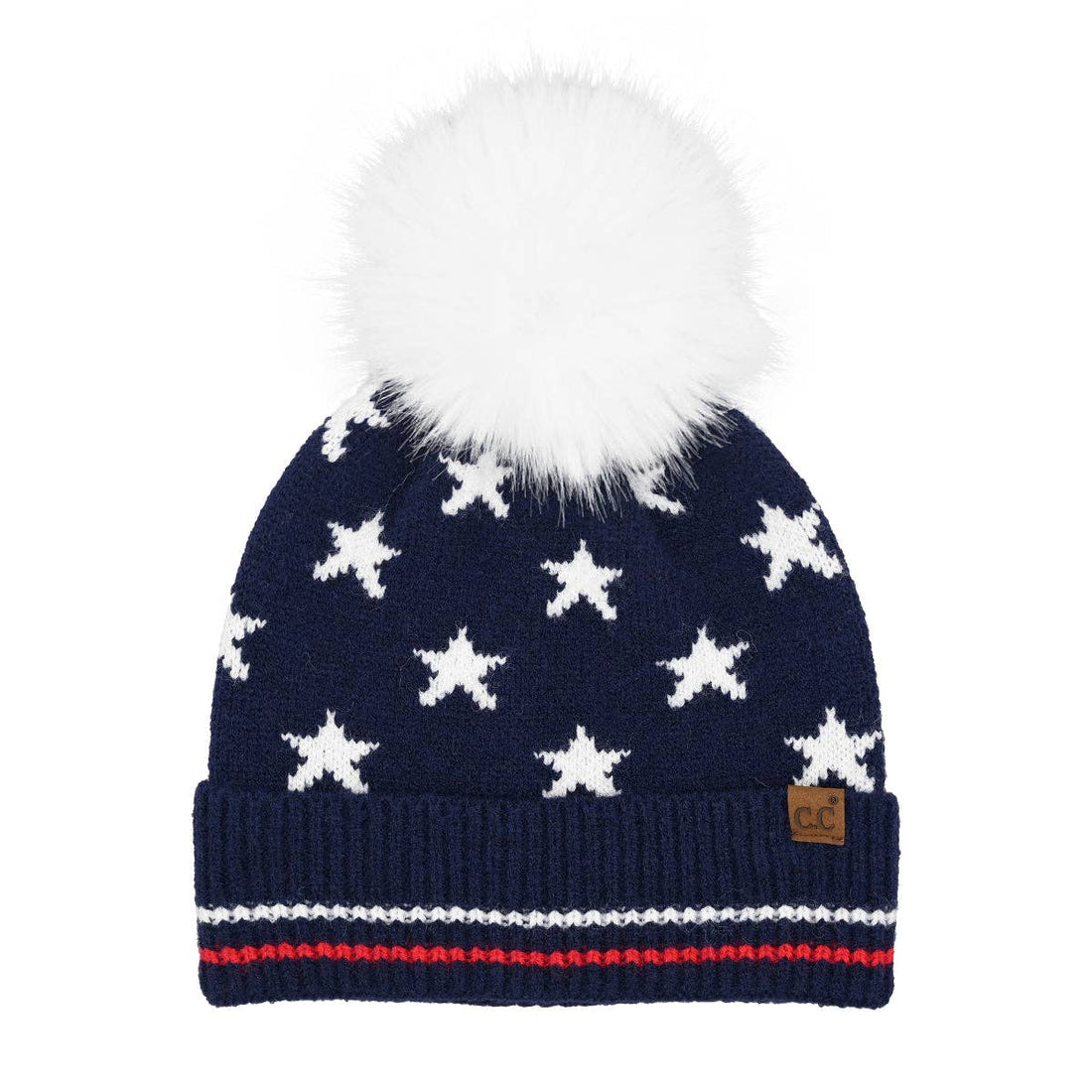 American Stars and Sriped Faux Fur Pom C.C Beanie NAVY