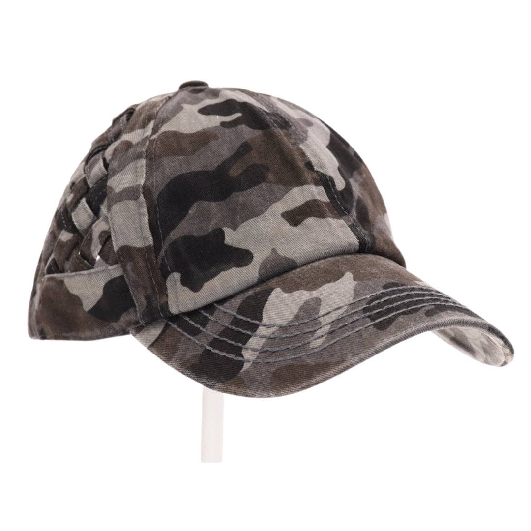 Basket Woven Criss-Cross High Ponytail CC Ball Cap BT922: Grey Camo