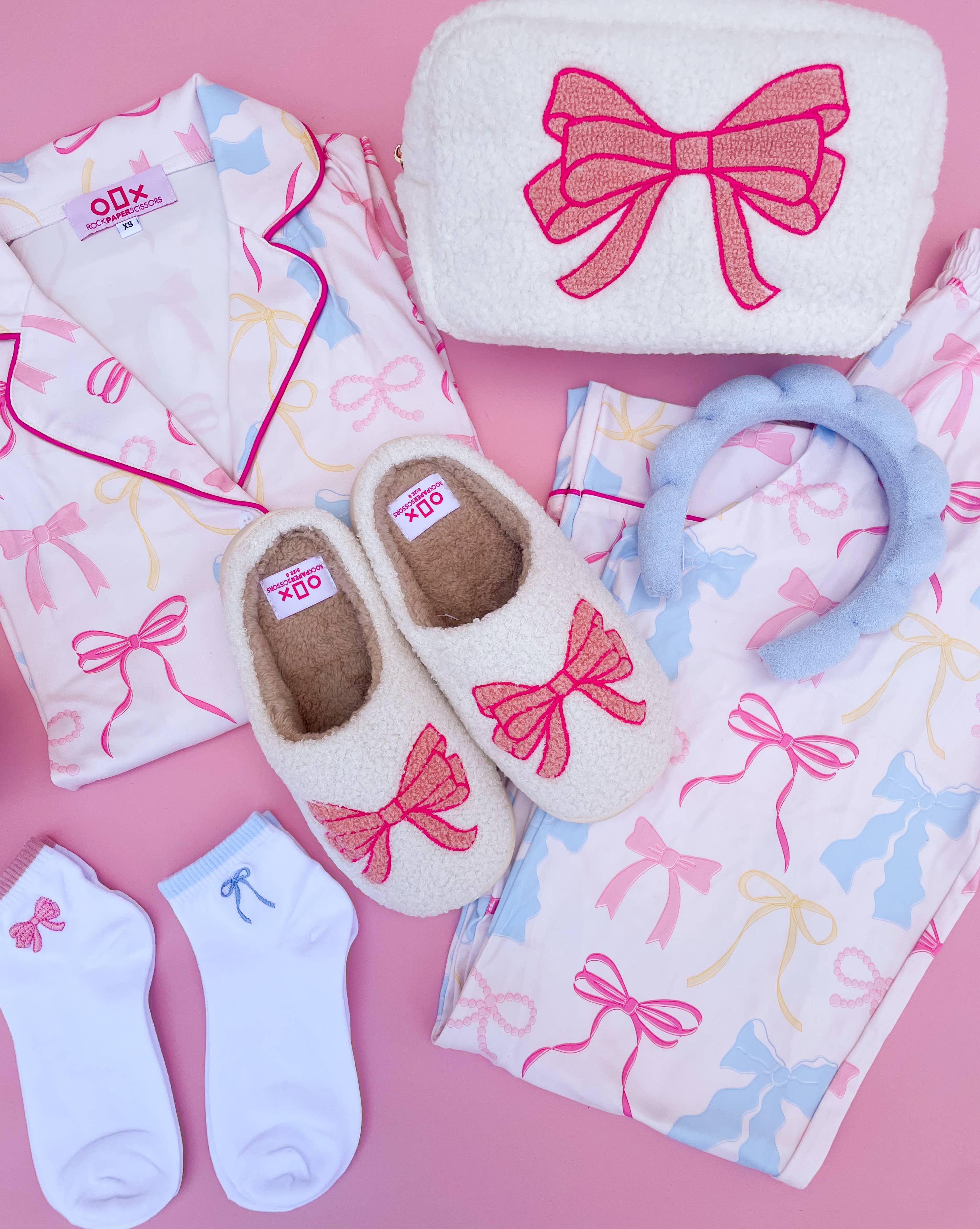 Pink Pastel Bows Long Sleeve Loungewear Pajama Set: XS
