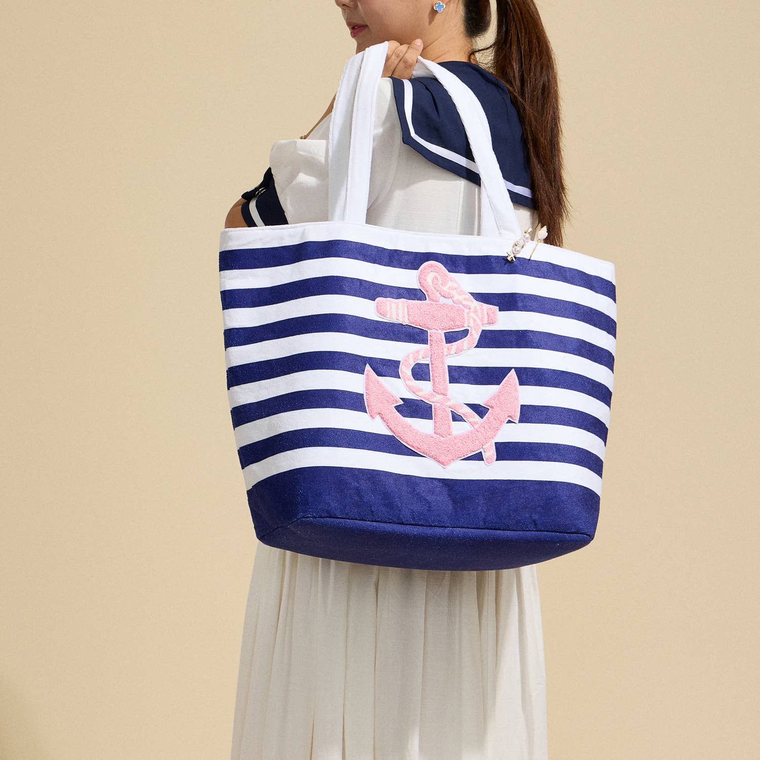 Striped Tote Bag with Anchor Design: Navy / One / 5AG78016