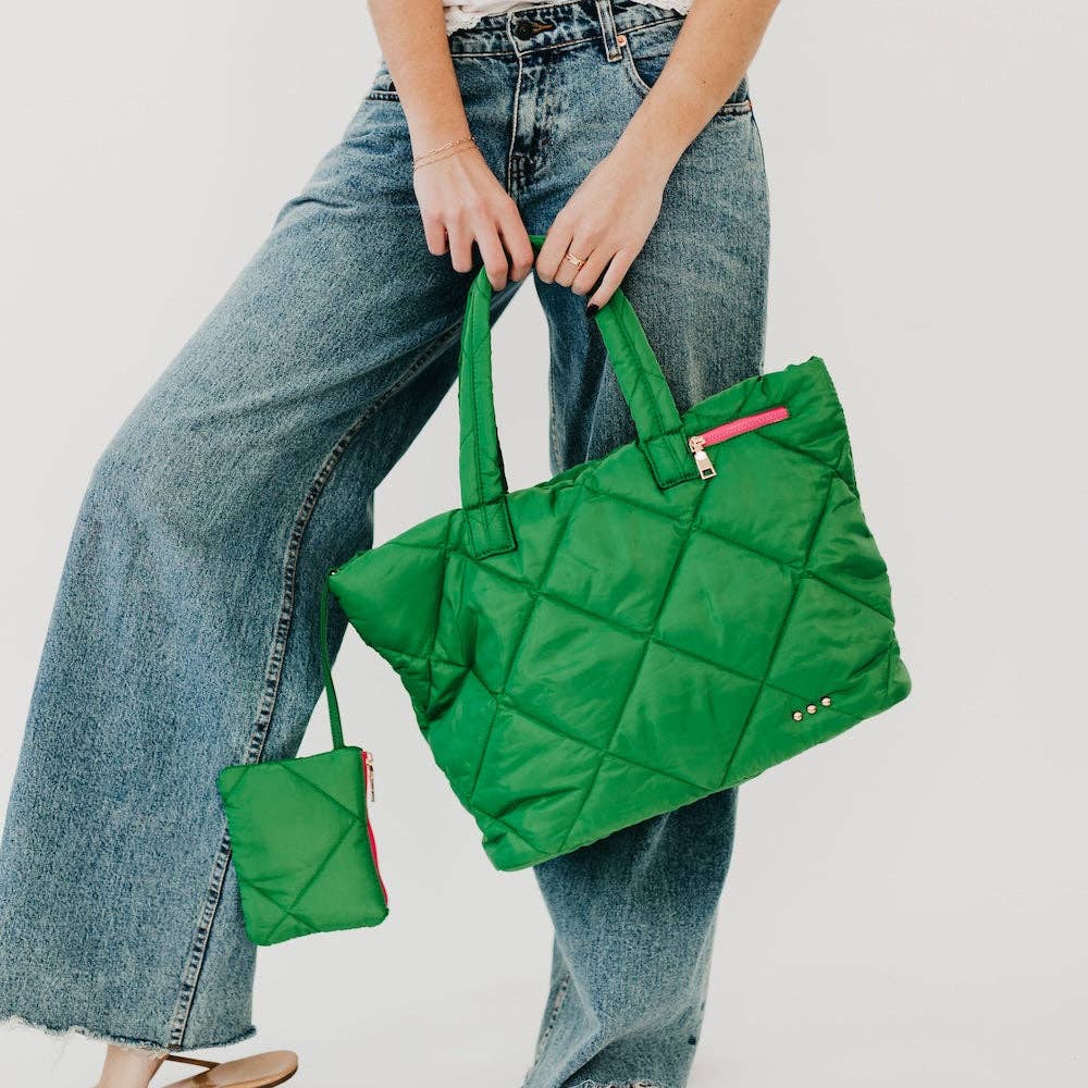 Presley Puffer Quilted Tote Bag With Pouch: Blue