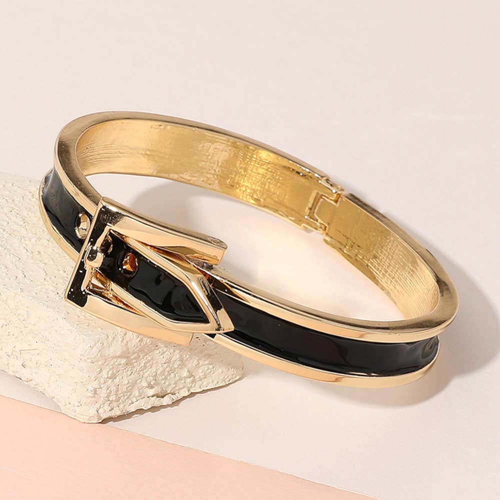 Gold Plated Enamel Belt Hinged Bangle Bracelet
: Black